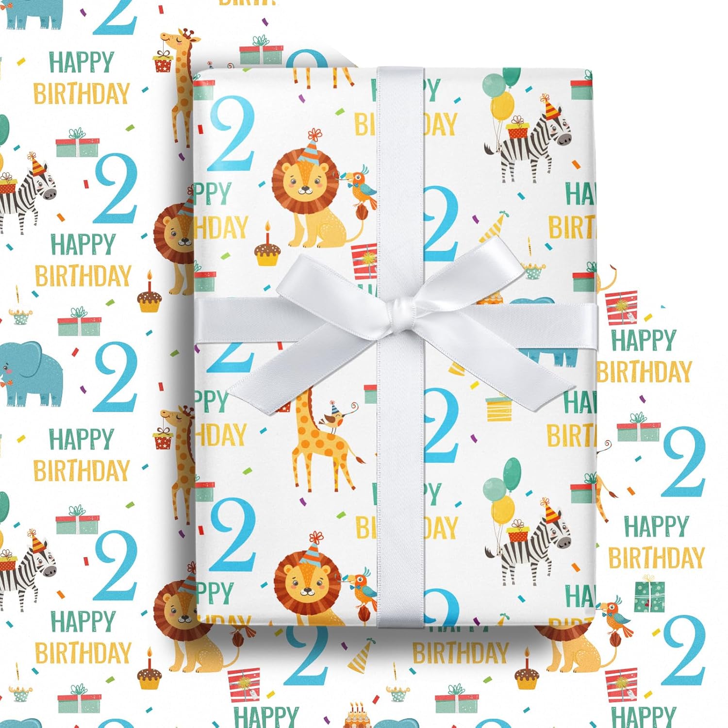 2Nd Birthday Wrapping Paper Roll - Blue Happy Birthday With Cute Animal Design For Age2 Baby Boy, Party, Baby Shower - Mini Roll - 17 Inches X 16.4 Feet (23.2 Sq.Ft.)
