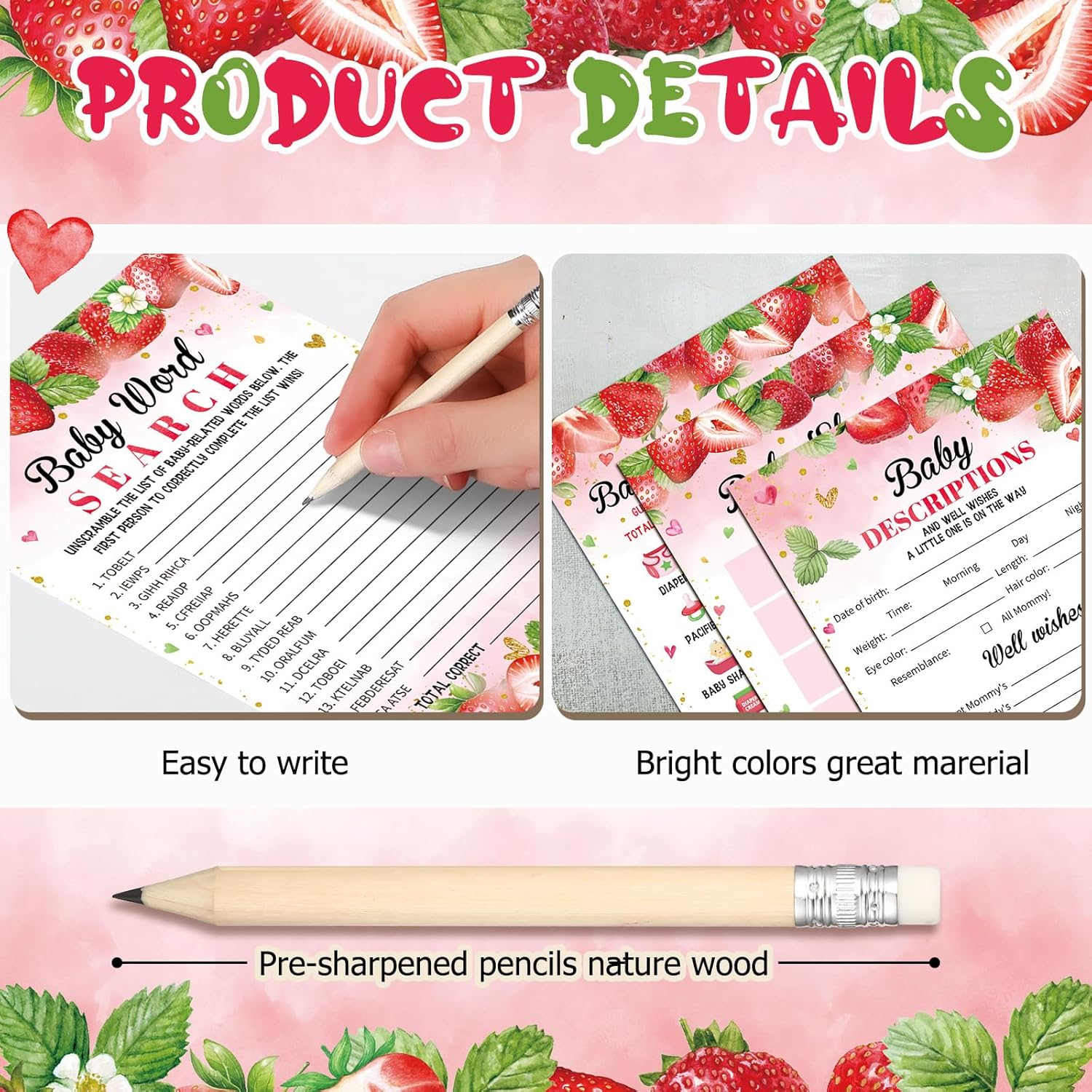 145 Pcs Baby Shower Games Activities Cards With 20 Pencils Includes Baby Bingo Description And Wishes Guess Who Price Is Right Word Scramble Game(Strawberry)