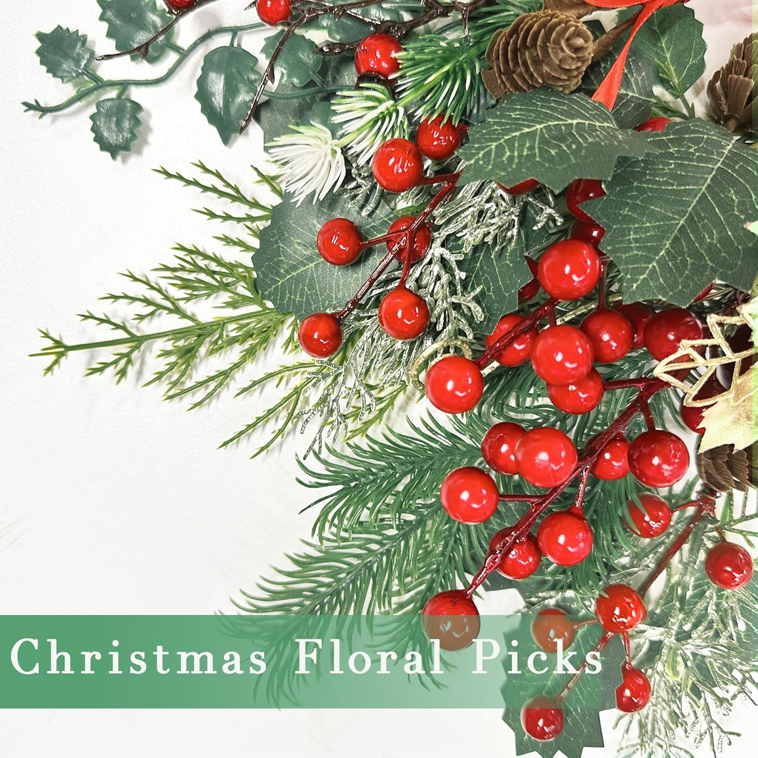 12 Pack Artificial Christmas Floral Picks, Assorted Red Berry Stems Sprays Pine Cones Faux Branches Sprigs Holly Leaves For Xmas Winter Arrangement Wreath Crafts Tree Decor