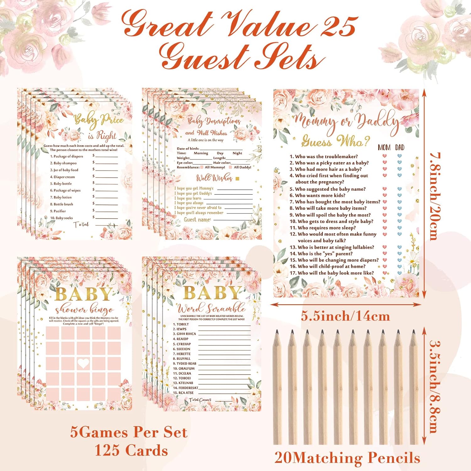 125 Pcs Floral Baby Shower Games For Girls 5 Games Baby Shower Activities Floral Cards For 25 Guests Includes Flower Mommy Or Daddy Predict Who Description Word Scramble Game With 20 Pencil