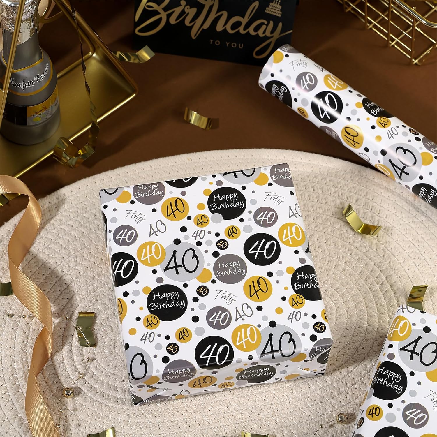 Birthday Wrapping Paper Sheet - 6 Sheets Black 40Th Birthday Design Folded Flat For Bday, Party, Baby Showers - 19.7 Inch X 27.5 Inch Per Sheet