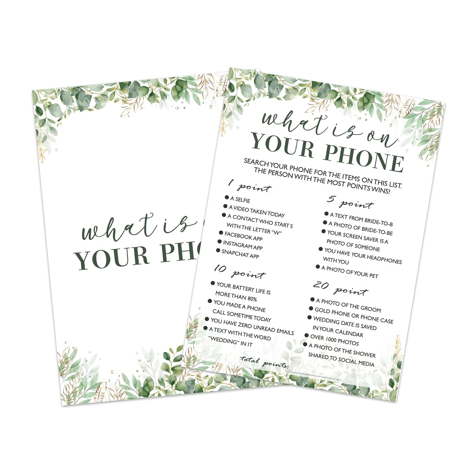 Bridal Shower Games – 25 Pcs Cards, Whats On Your Phone Wedding Game, Green Leaf Theme Wedding Games Cards, Bridal Shower Decorations, Engagement Party Game, Bachelorette Party Ideas -A20