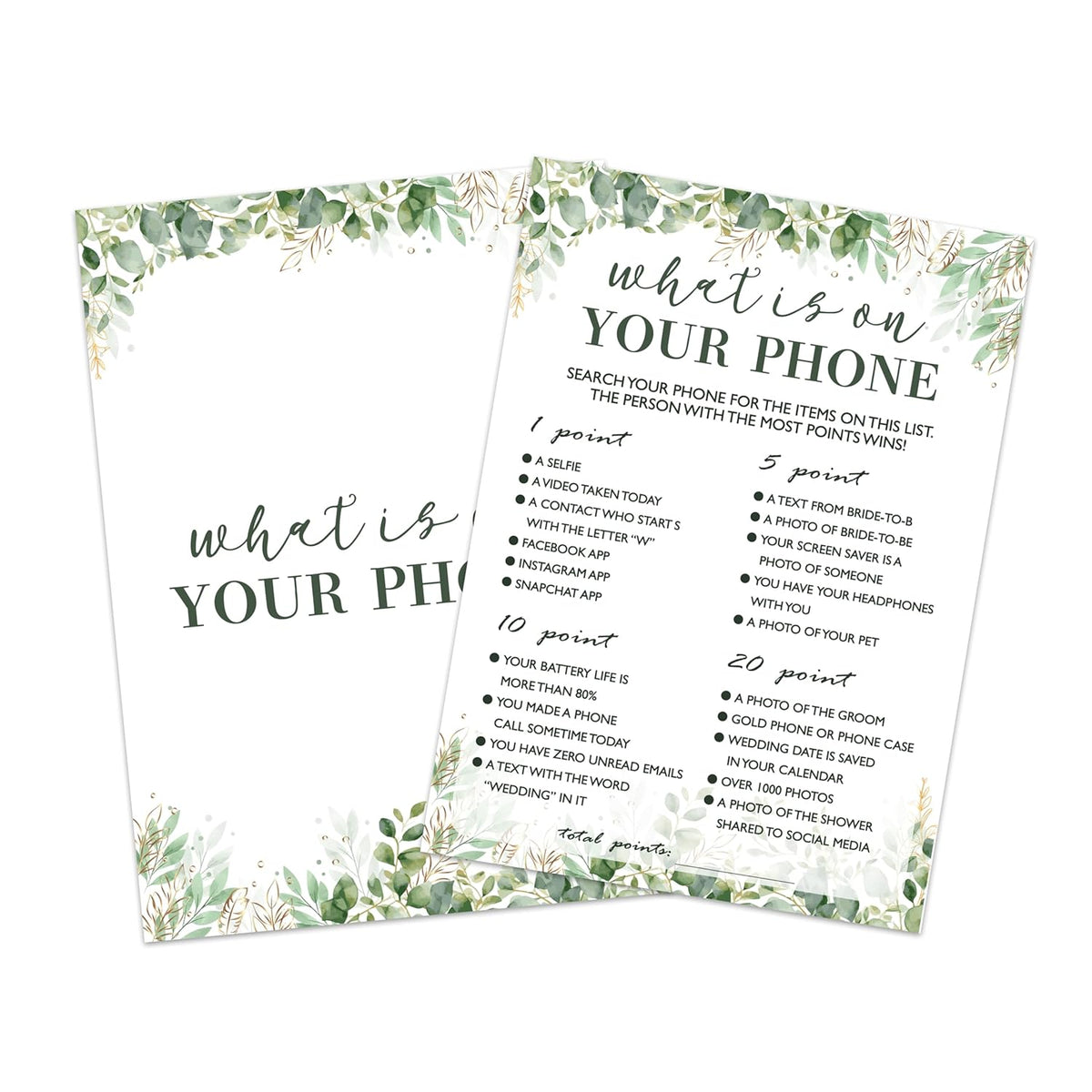 Bridal Shower Games – 25 Pcs Cards, Whats On Your Phone Wedding Game, Green Leaf Theme Wedding Games Cards, Bridal Shower Decorations, Engagement Party Game, Bachelorette Party Ideas -A20