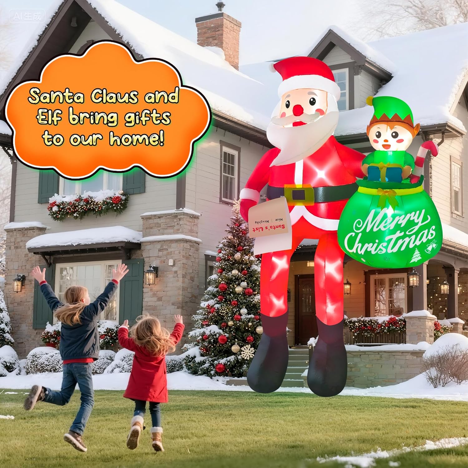 10 Ft Christmas Inflatables Santa Claus, Christmas Blow Up Yard Decorations With Built-In Leds & Elf, Climbing Santa Inf