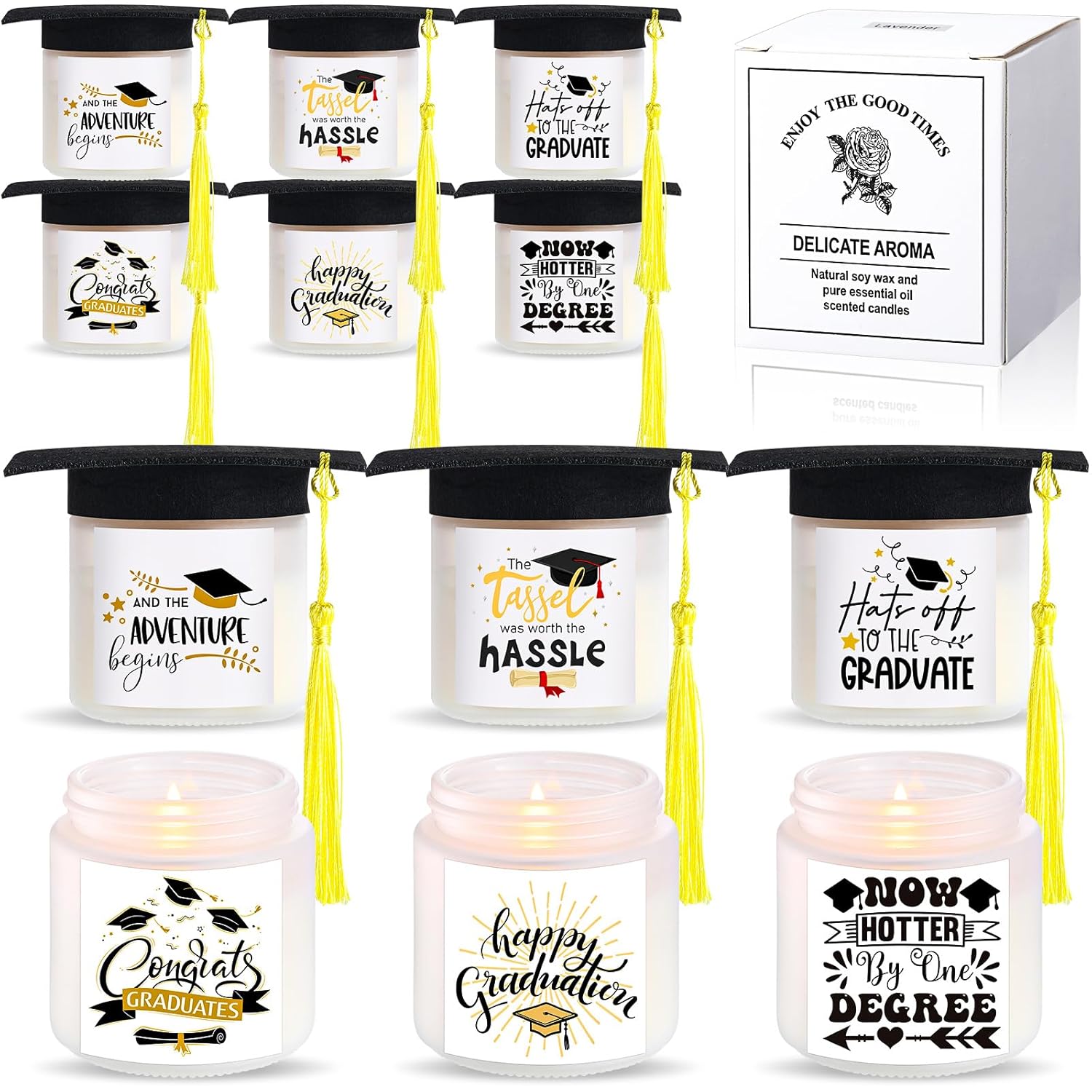 24Pcs Graduation Scented Candles Gifts Set For Her Him Include 12 Pcs 7Oz Jar Soy Wax Candles And 12 Pcs Mini Graduation Cap For Masters Degree College High School Graduate Gifts