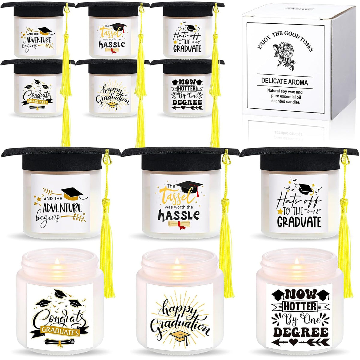 24Pcs Graduation Scented Candles Gifts Set For Her Him Include 12 Pcs 7Oz Jar Soy Wax Candles And 12 Pcs Mini Graduation Cap For Masters Degree College High School Graduate Gifts