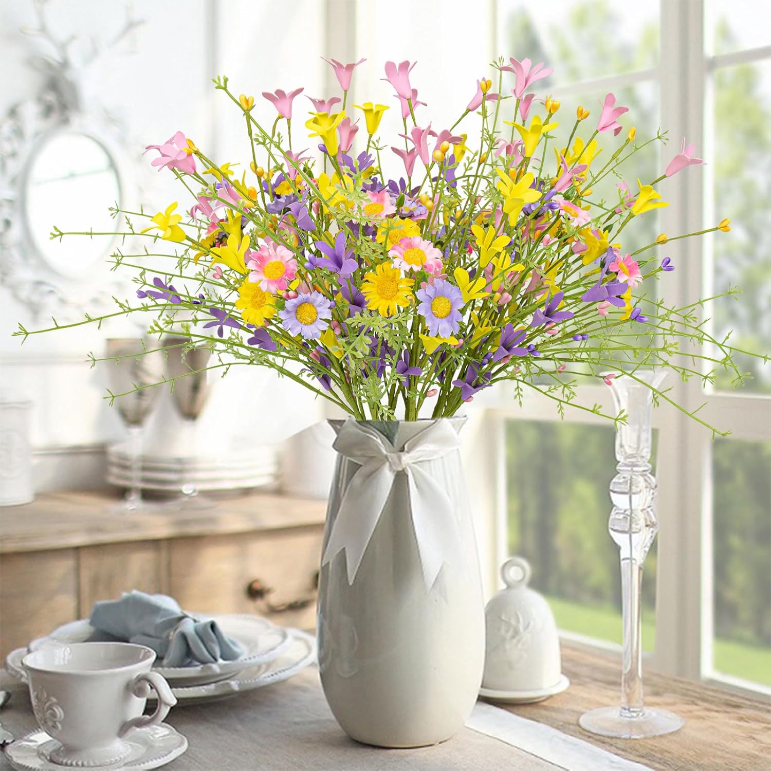 Artificial Spring Flowers 12 Pack Floral Picks 17” Tall Forsythia Stems With Berries For Flower Arrangements Centerpieces Indoor Outdoor Decorations