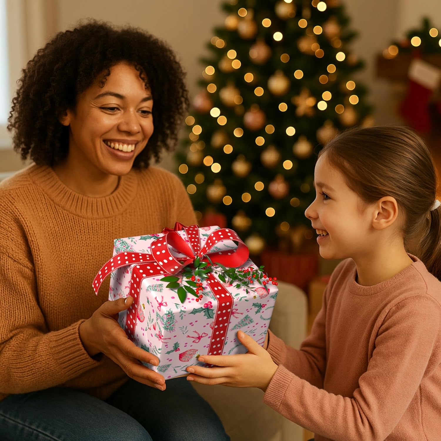 Giolainy Pink Christmas Wrapping Paper For Girls Women Kids - Holiday Gift Wrap With Ornaments, Xmas Trees, Berries & Wreaths Designs - 4 Sheets (28 X 40 Inches), Easy To Store