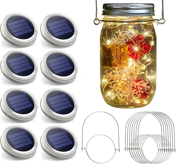 8 Pack Solar Mason Jar Lights 30 LED Solar Fairy String Lights Outdoor Waterproof Mason Jar Lid Lights Solar Powered Lantern Hangers for Garden Patio Party Wedding Decor No Jars Included
