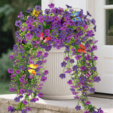 2 Packs Outdoor Artificial Hanging Flowers With 3D Magnetic Butterflies, Uv Resistant Faux Silk Blooms For Spring Summer Porch Patio Balcony Decor, Violet & Purple