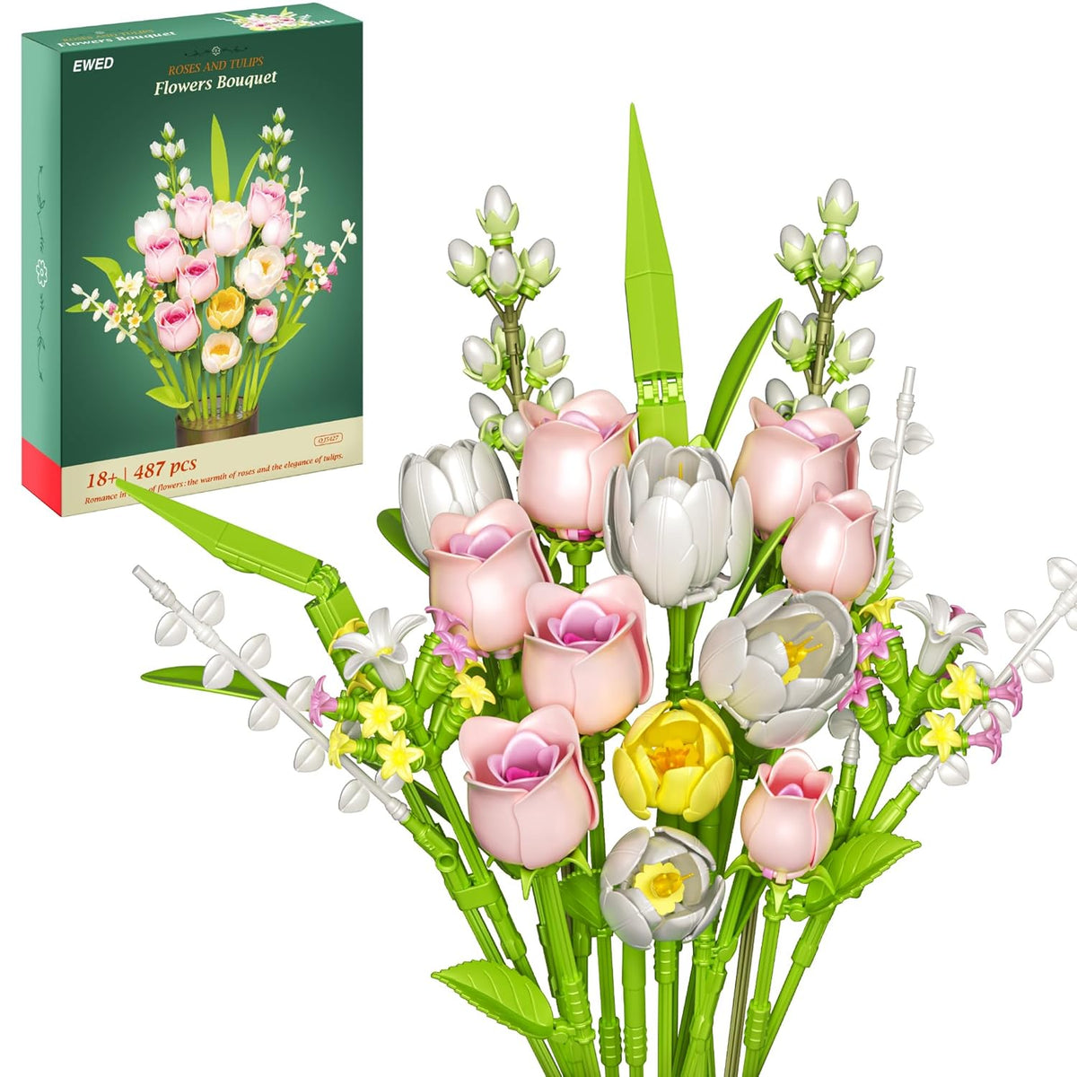 Tulip Rose Flowers Building Sets, Valentine'S Day For Her, Flower Bouquet Compatible With Lego Flowers, Gift For Adults Mother Women Girl Girlfriend, Plant Botanical Collection Home Decor