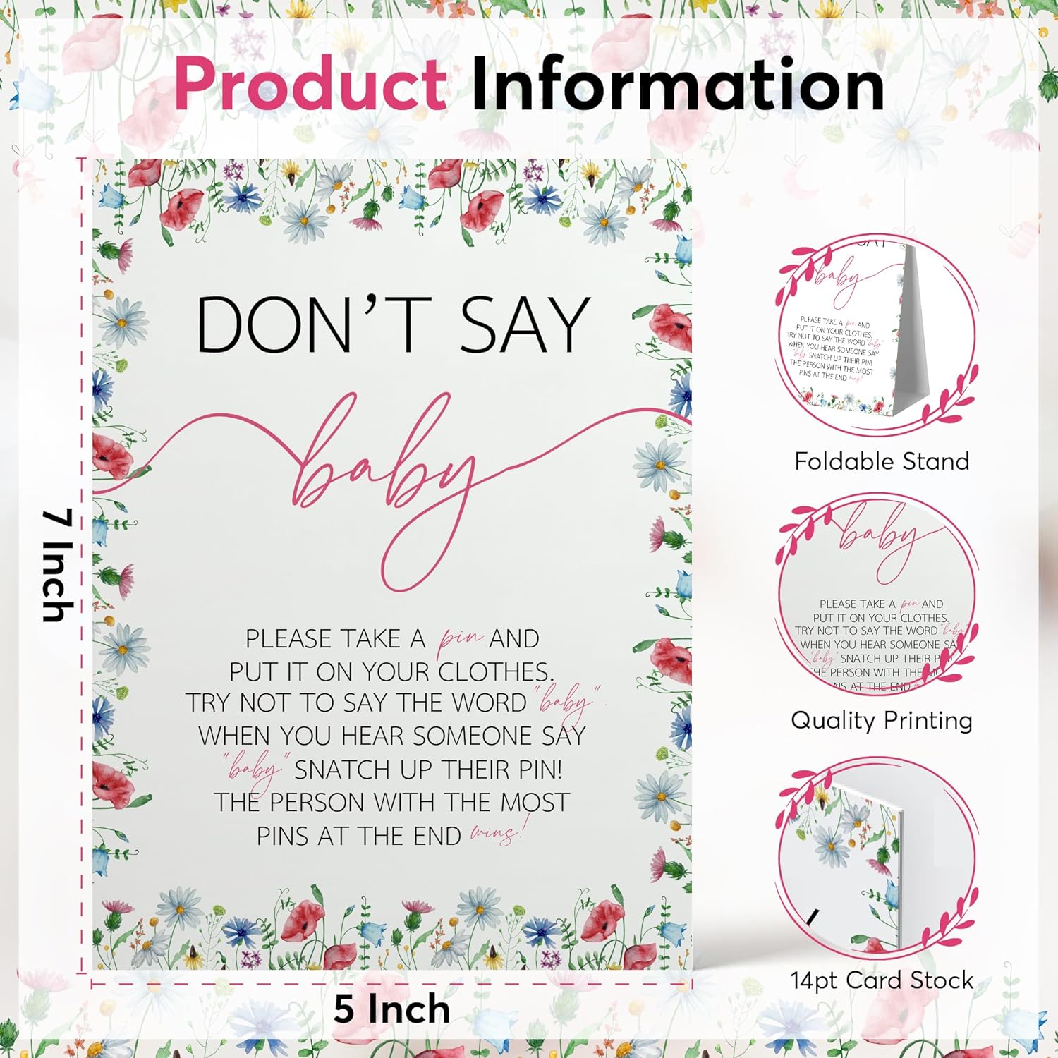 Wildflower Baby Shower Games For 25 Guests, Pacifier Hunt, How Big Is Mommy’S Belly, Don’T Say Baby, Baby Predictions & Advice, Baby Word Scramble, Emoji Pictionary, Mommy Or Daddy, The Price Is Right