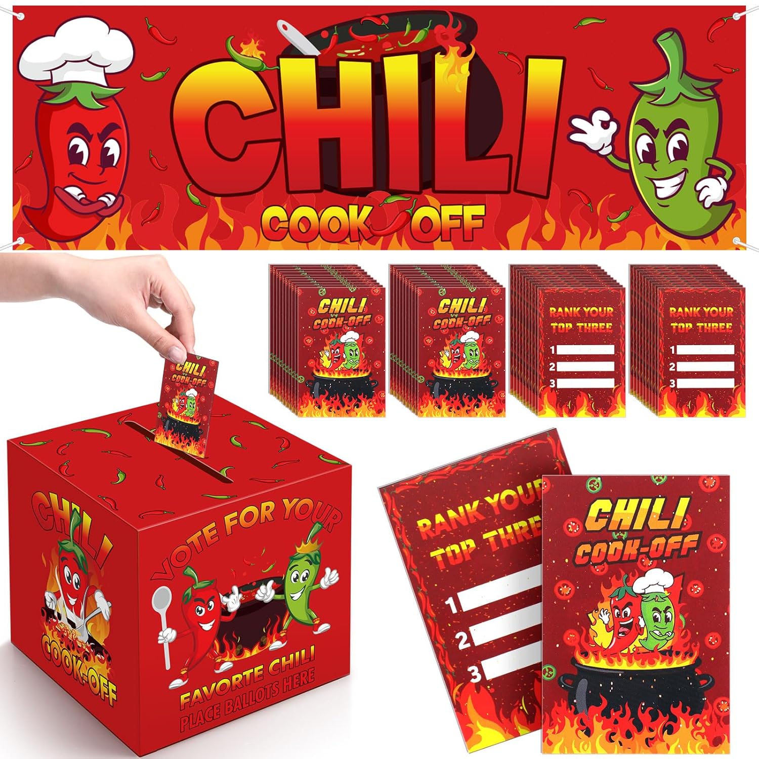 62 Pcs Chili Cook Off Decorations Set, 71" X 24" Chili Cook Off Banner, Pepper Contest Ballot Box With 60 Voting Cards For Mexican Fiesta Cooking Contest Bbq Party Supplies
