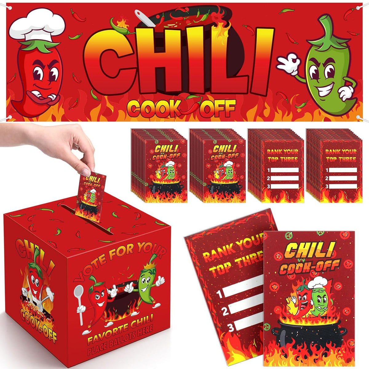 62 Pcs Chili Cook Off Decorations Set, 71" X 24" Chili Cook Off Banner, Pepper Contest Ballot Box With 60 Voting Cards For Mexican Fiesta Cooking Contest Bbq Party Supplies