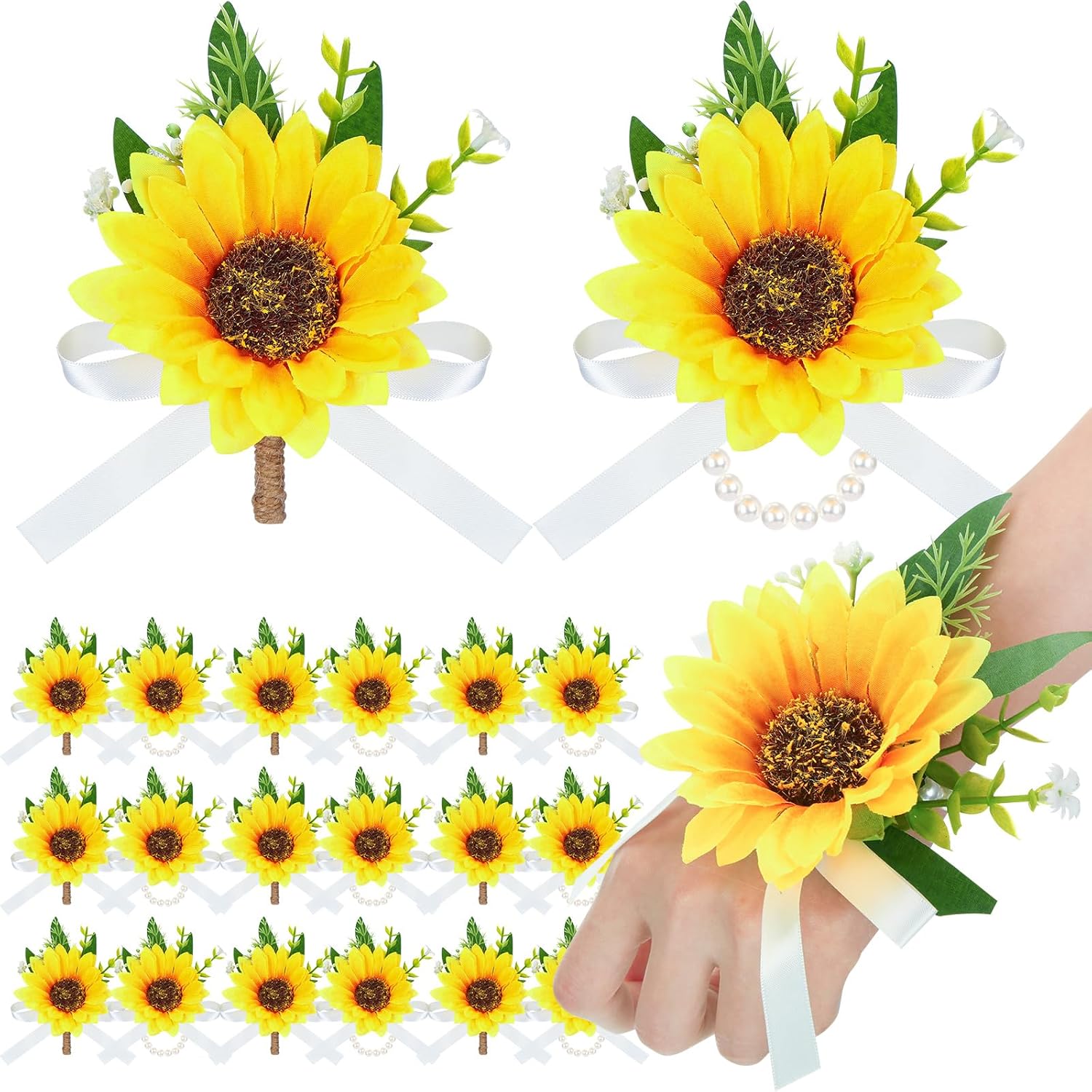 20 Pcs Sunflower Wrist Corsage And Boutonniere Set Including 10 Artificial Sunflower Boutonniere 10 Sunflower Corsage Wrist Flower For Prom Wedding Men Women Bride Groom Bridesmaid Formal Party