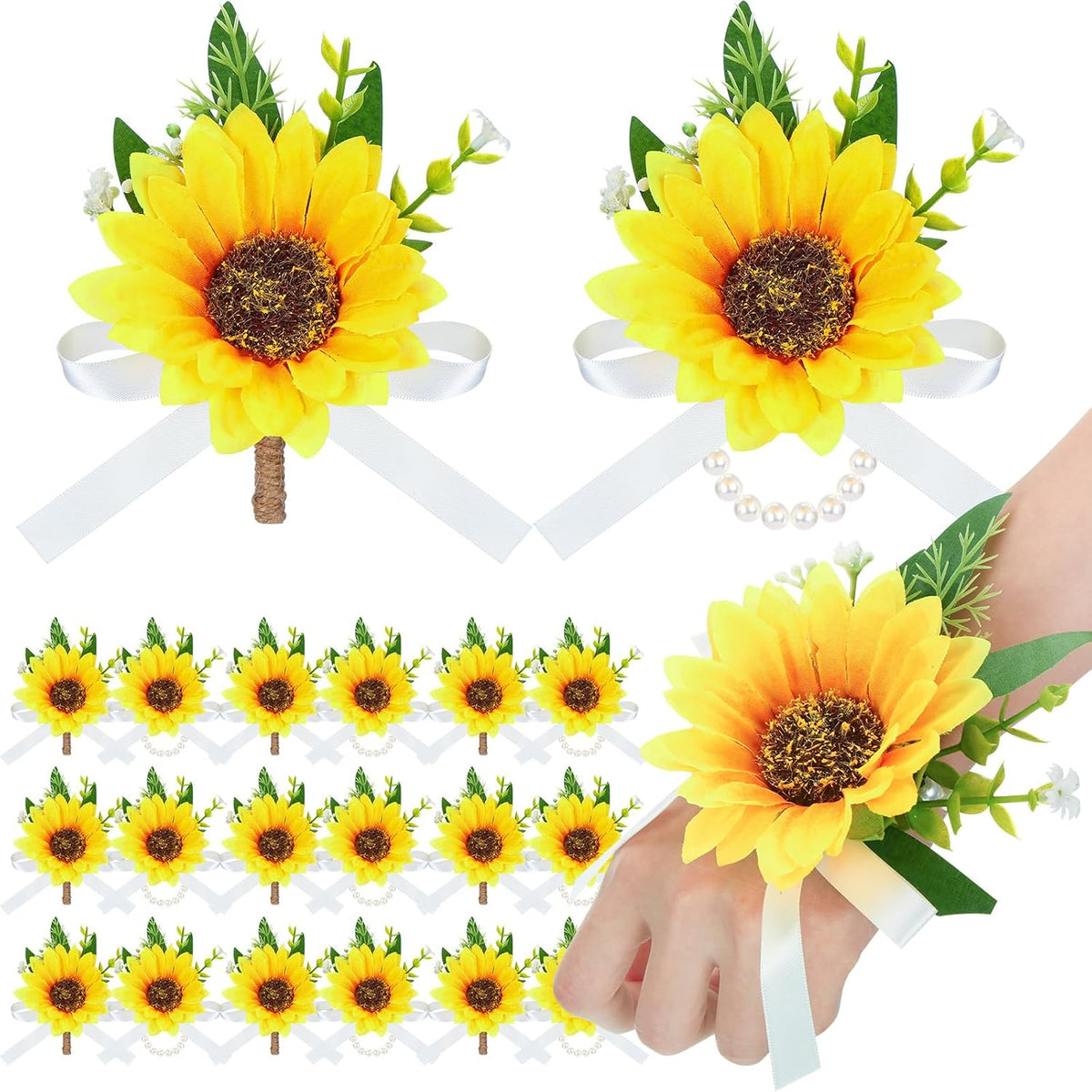 20 Pcs Sunflower Wrist Corsage And Boutonniere Set Including 10 Artificial Sunflower Boutonniere 10 Sunflower Corsage Wrist Flower For Prom Wedding Men Women Bride Groom Bridesmaid Formal Party
