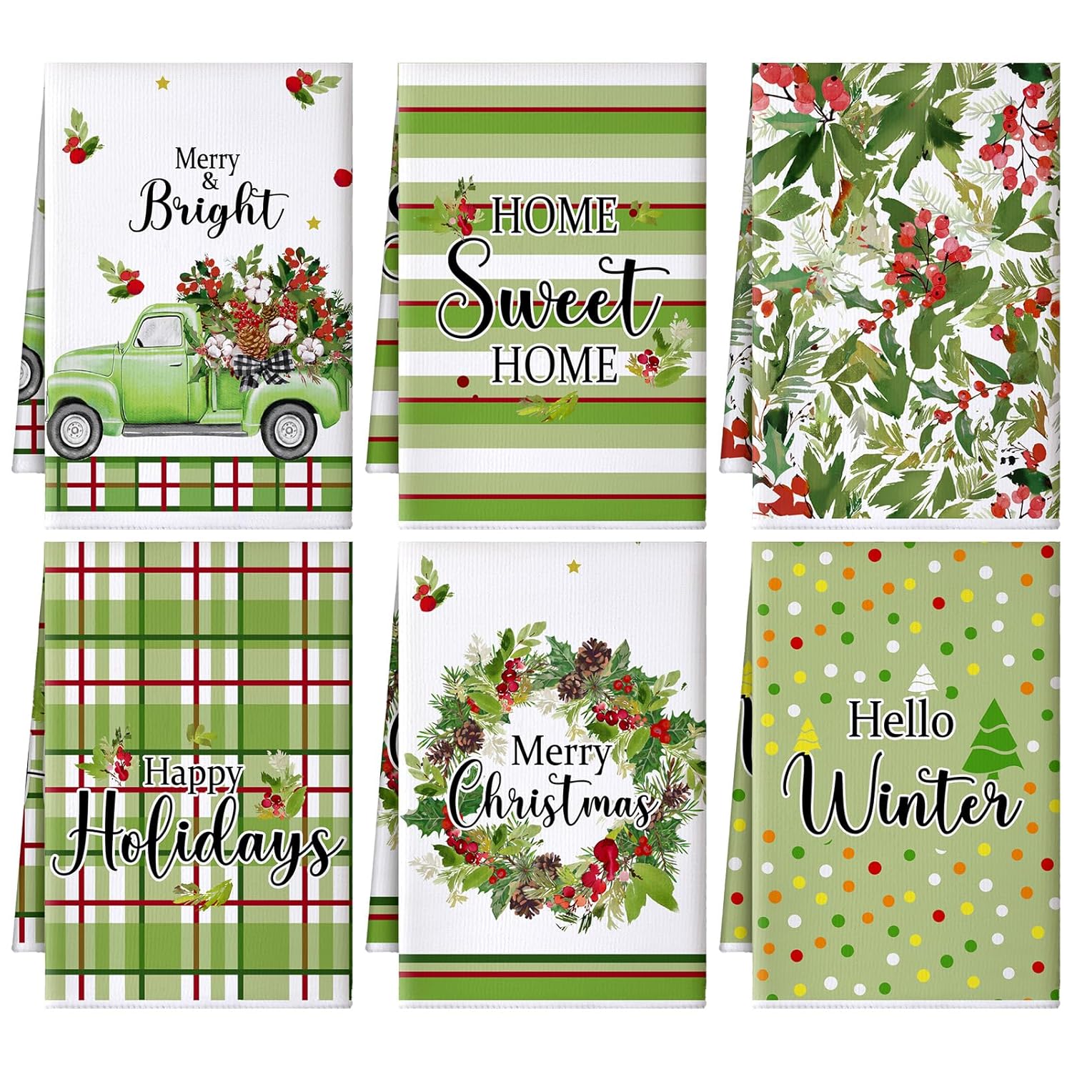 6 Pcs Merry Christmas Kitchen Towels Christmas Wreath Decorative Hand Towels Home Dish Cloth Hello Winter Farmhouse Tea Cloth Kitchen Accessories Bathroom Decor