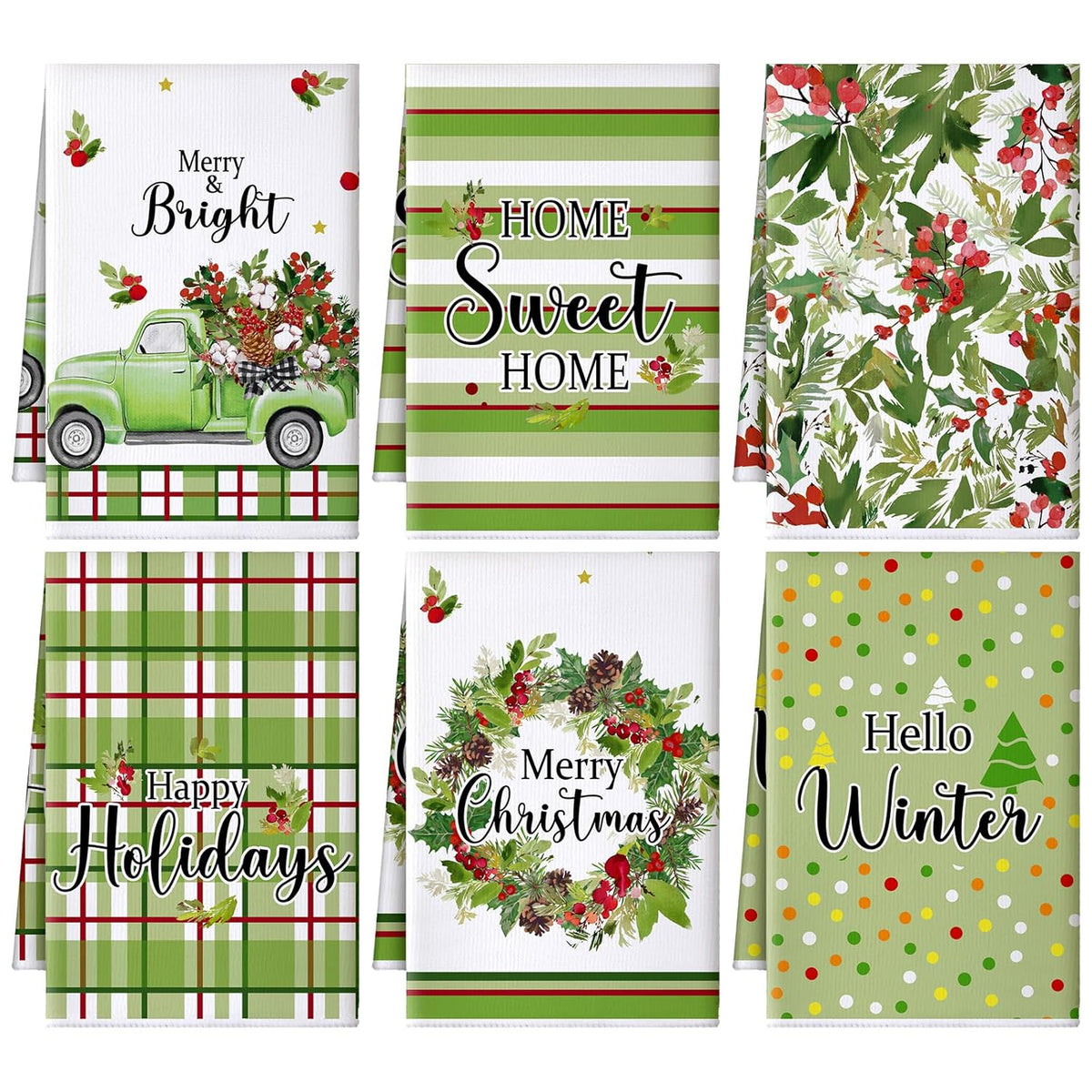 6 Pcs Merry Christmas Kitchen Towels Christmas Wreath Decorative Hand Towels Home Dish Cloth Hello Winter Farmhouse Tea Cloth Kitchen Accessories Bathroom Decor