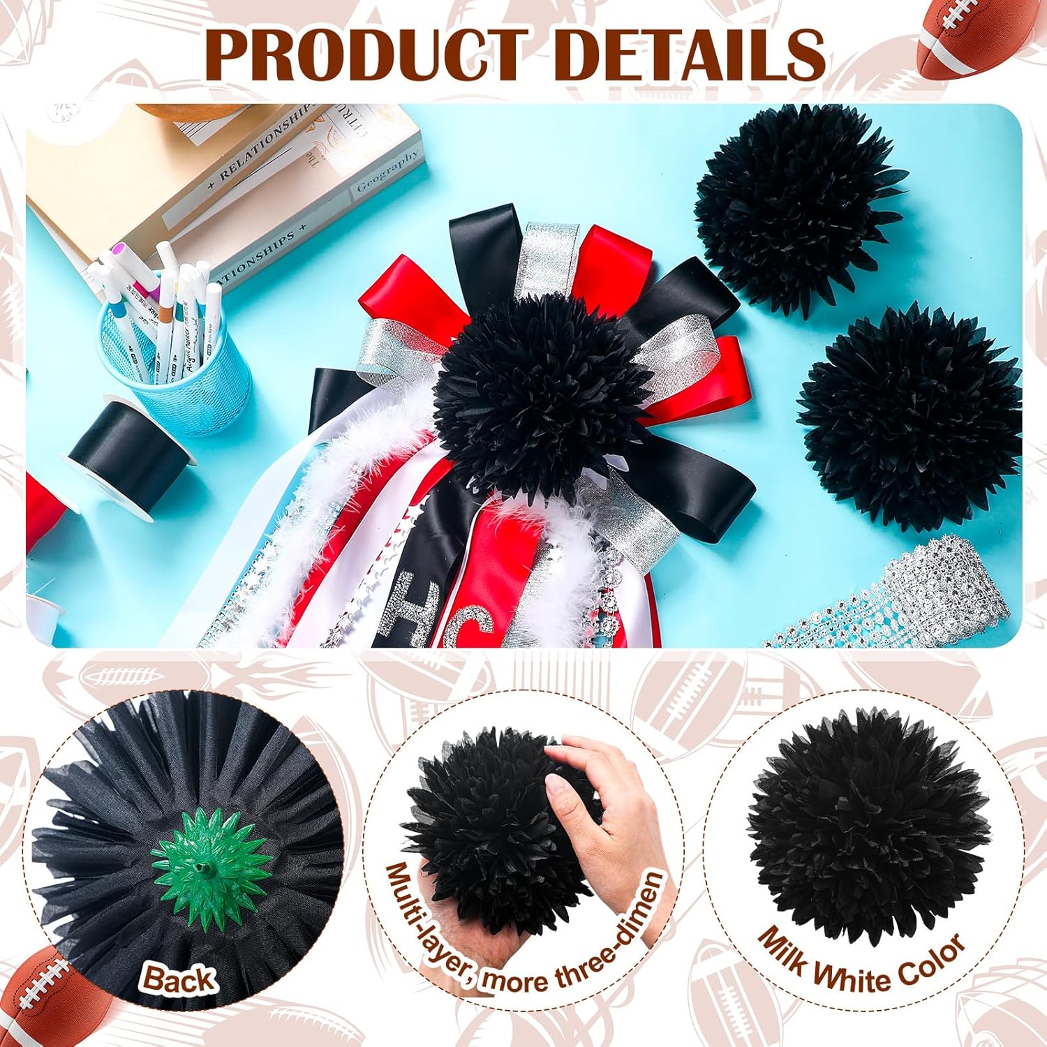 12 Pcs Homecoming Mum Flower - 6.5 Inches Artificial Silk Mums Accessories Kit Diy Crafts For Back To School Homecoming Week Party Decorations (Black)