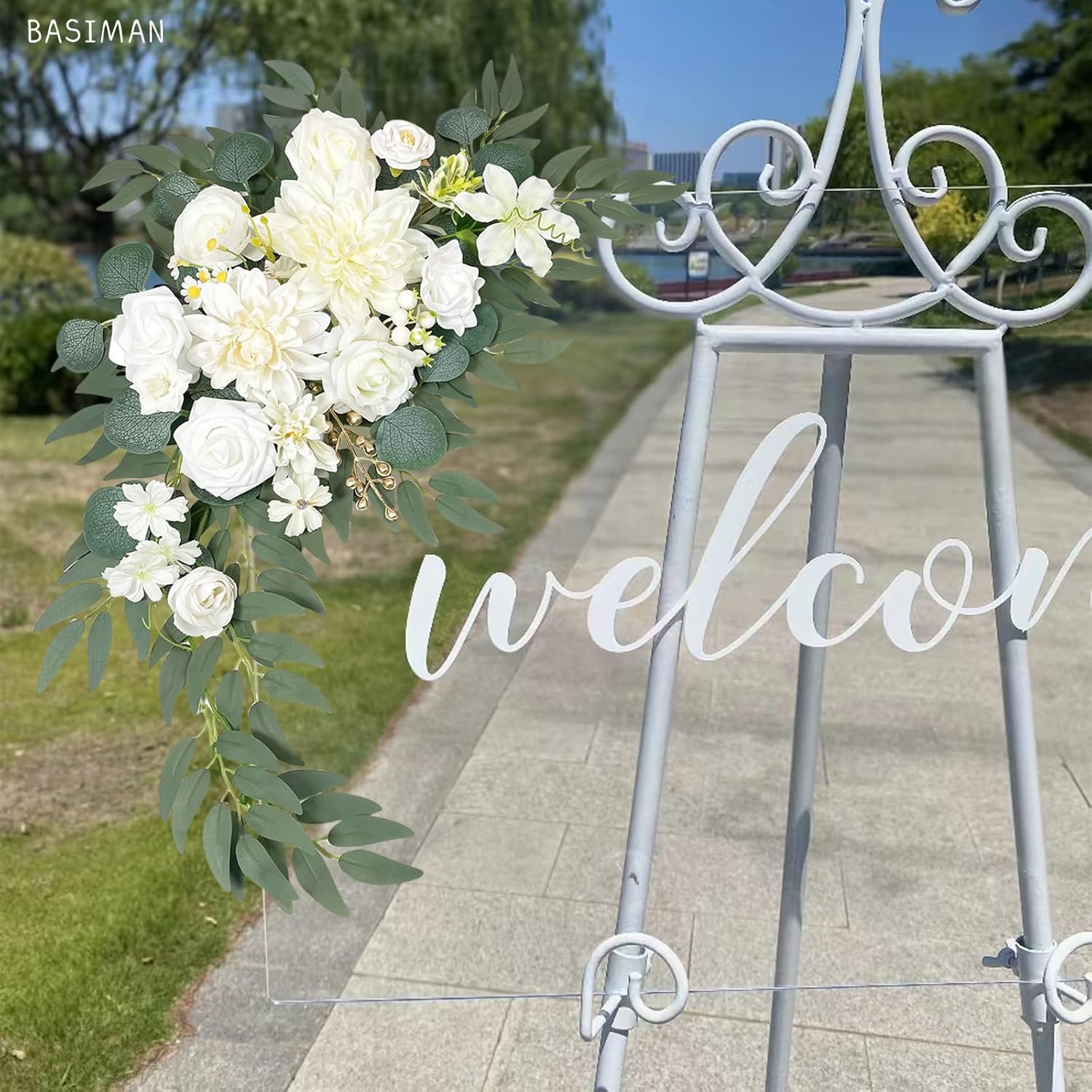 Set Of 2 Wedding Arch Flowers?Artificial Flowers For Wedding Welcome Sign? Decorations For Reception And Backdrop?Flowers For Balloon Arch (White)