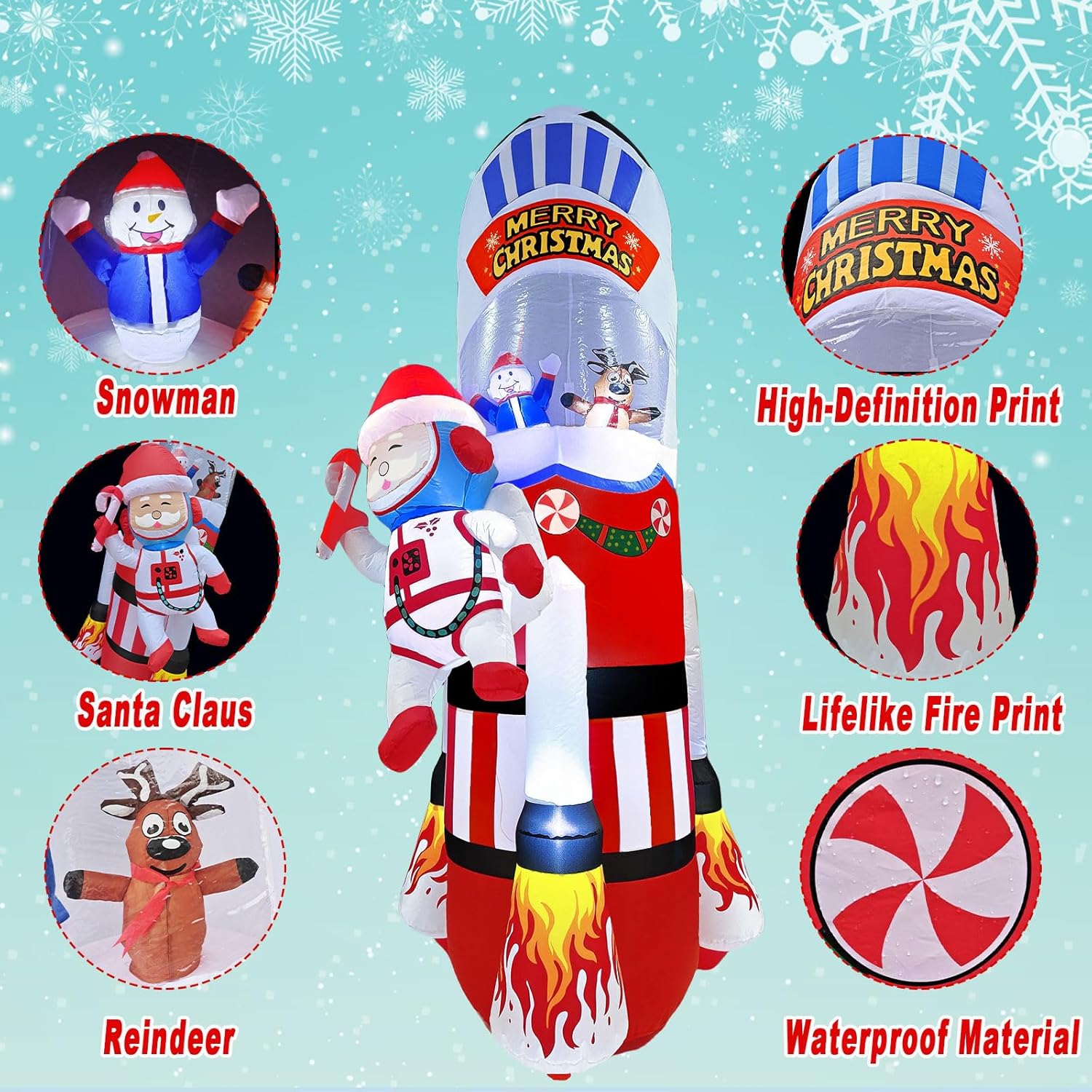 8Ft Christmas Inflatables Christmas Decorations Outdoor, Blow Up Santa Claus Snowman Reindeer Rocket Yard Decoration Bui