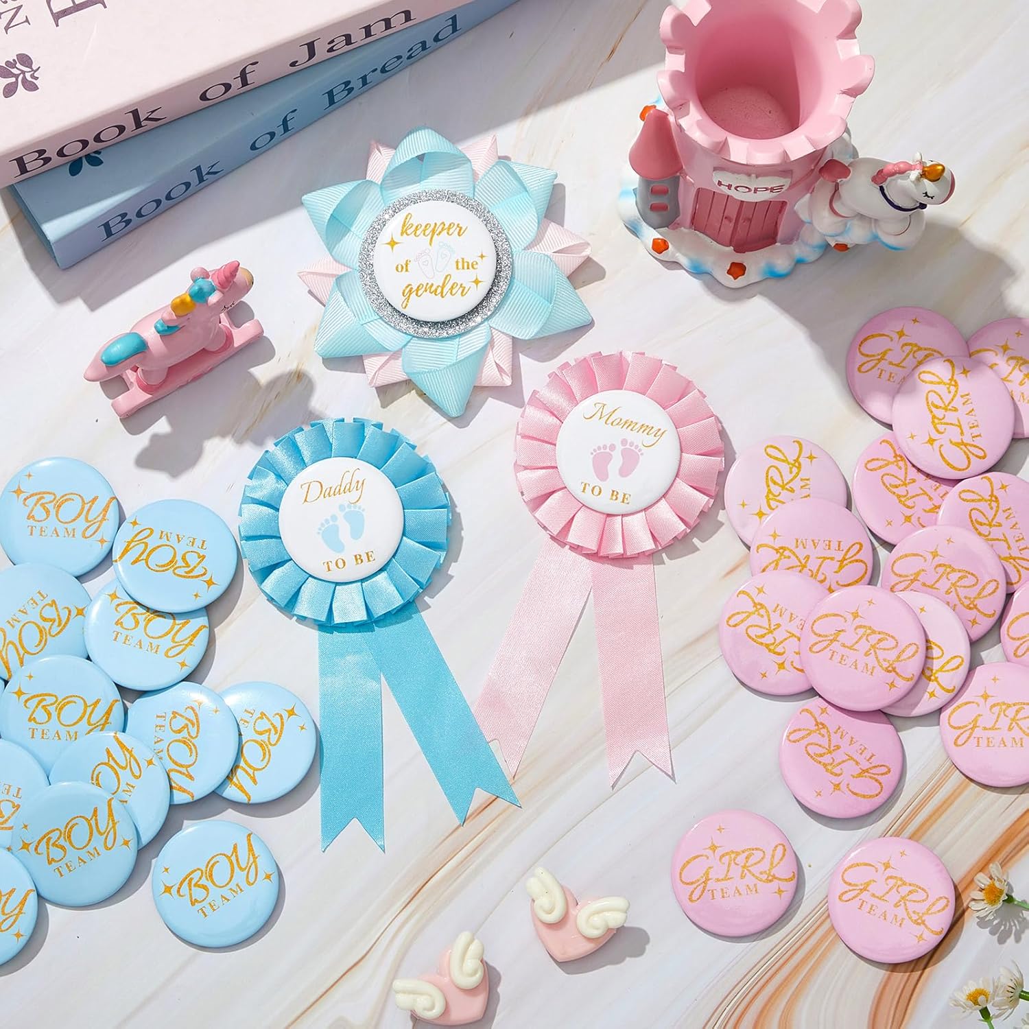 63 Pcs Gender Reveal Pins Set Including 60 Team Boy Or Girl Pins 2 Daddy And Mommy To Be Badge And 1 Keeper Of The Gender Badge And For Reveal Game Party Decorations Creative Party Favors