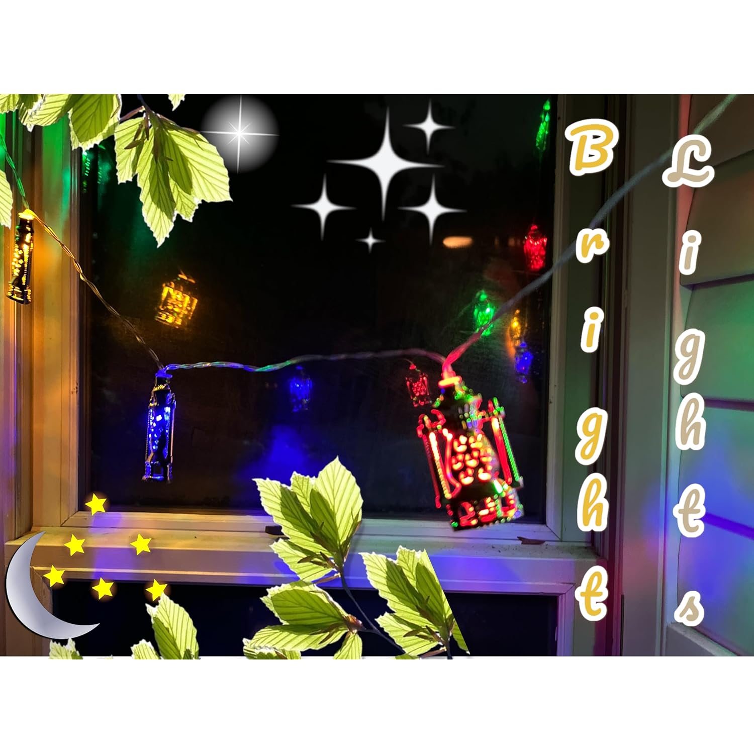 Housewarming Eid String Lights Bundle - 2 Sets Of 10Pc Gold Traditional Lanterns, Multi-Color Led Indoor Battery Lights 5~6Ft Long (20 Total, 2Xlantern Led)