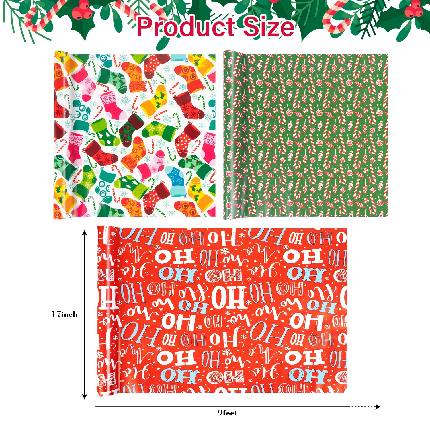 17 Inches X 9 Feet Christmas Wrapping Paper Roll, Mini Roll, 3 Rolls, With Christmas Stocking, Merry Christmas, Candies Holiday Design, Suitable For Xmas, Gift Packaging, Xmas Parties