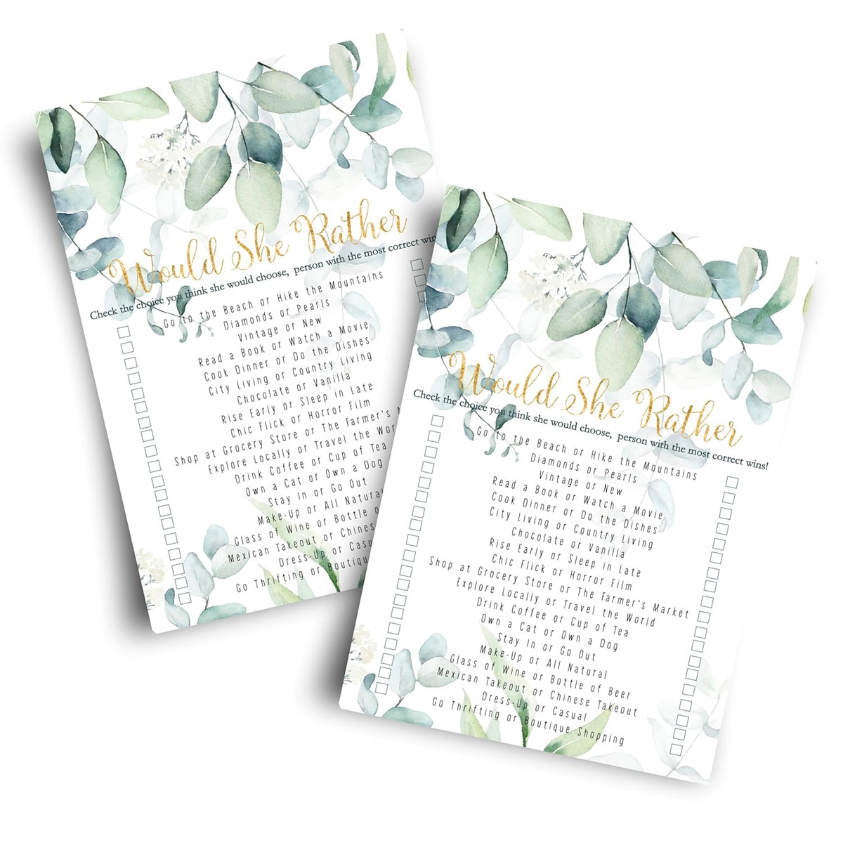 Greenery Bridal Shower Games - 25 Cards - Who Knows The Bride Best & Would She Rather - Rustic Botanical Designs For Wedding Reception, Bridal Showers, Or Birthday Celebrations - 5X7 Pack