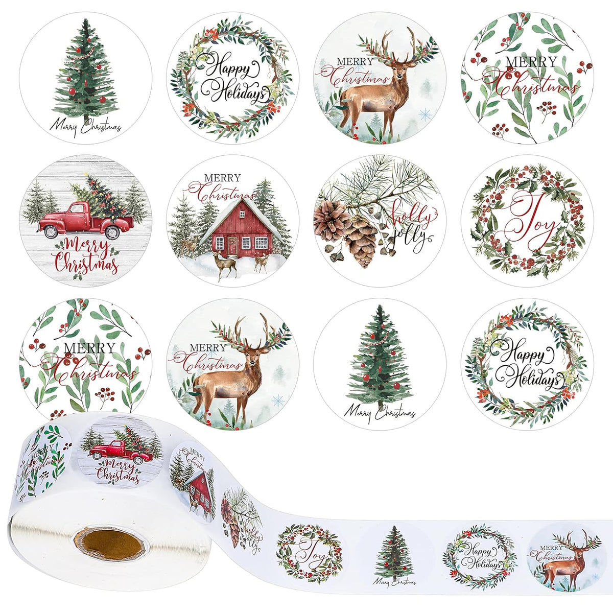 1000Pcs Christmas Stickers 1.5Inch Assorted Round Sticker In Roll Rustic Christmas Tree Wreath Elk Truck Pattern Label Stickers For Xmas Seals Cards Presents Envelopes, 8 Designs