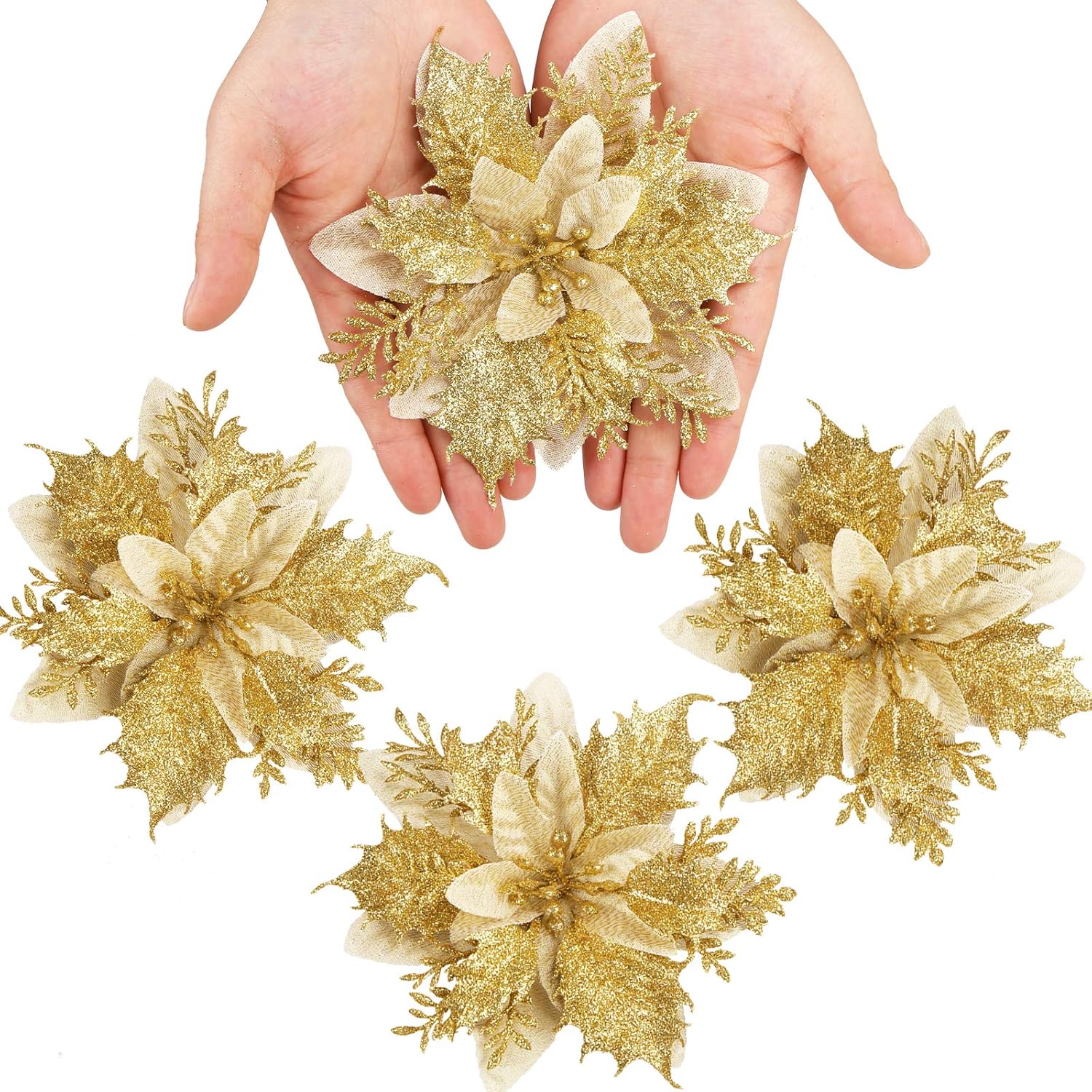12 Pcs Glitter Poinsettia 5.5" Artificial Flowers Christmas With Clips Stems Xmas Tree Ornaments For New Year Party Stairs Fireplace Porch Balcony Garden Church Wreath Decoration (Golden)