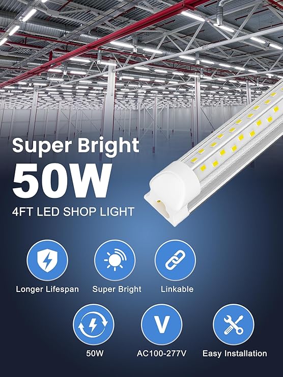 10 Pack 4FT LED Shop Lights 50W 7500LM 6000K V Shape Linkable Garage Warehouse Lights
