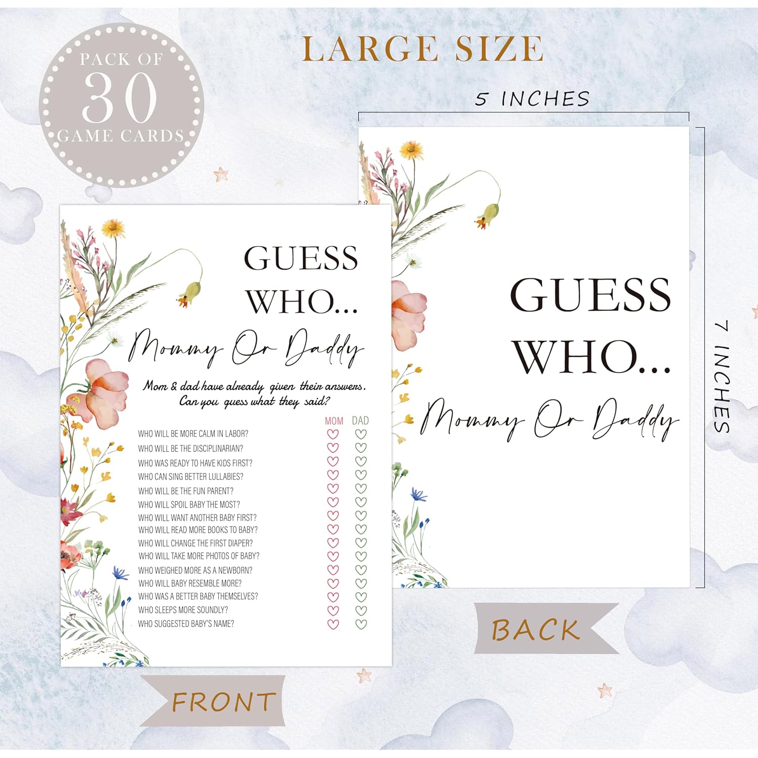 Boho Wildflower Guess Who Mommy Or Daddy Game, Baby Shower Game, Pack Of 30 Cards, Gender Neutral Boy Or Girl, Fun Baby Activity - Fa11
