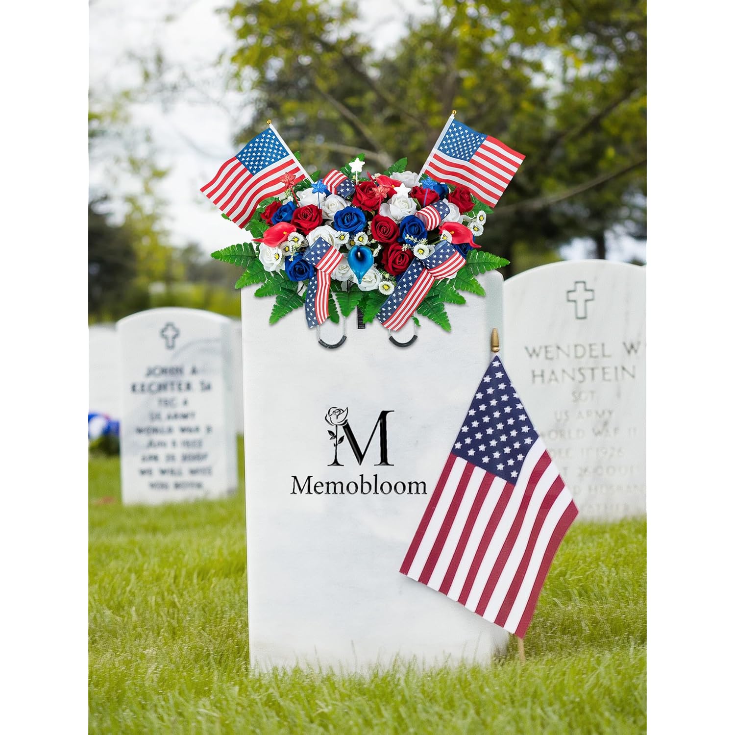 Memorial Day Decorations For Cemetery: Artificial Outdoor Grave Decorations Headstone Flower Saddle - Red White Blue Roses With Flags