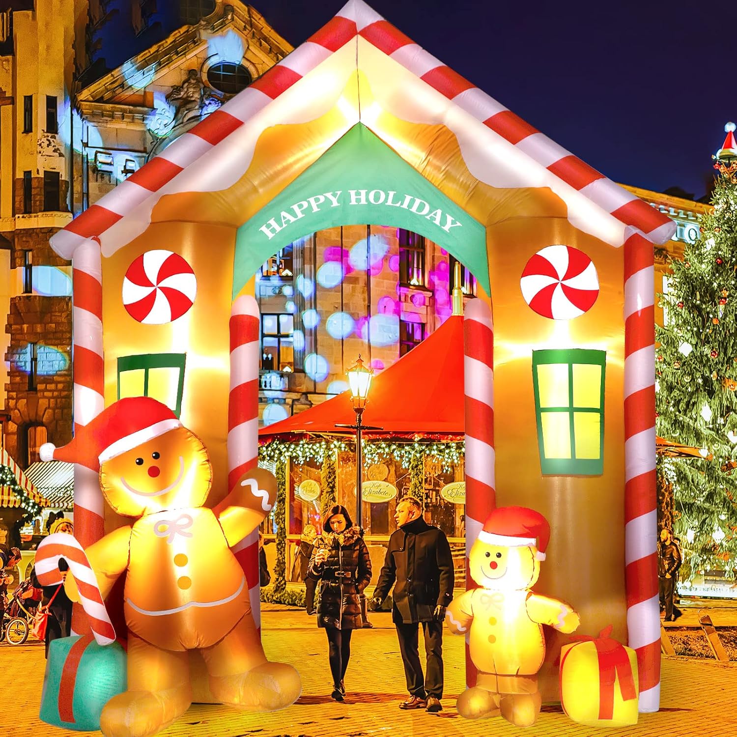 9.97 Ft Inflatable Christmas Arch Outdoor Decoration Blow Up Gingerbread Man Cookie House And Peppermint Decor With Led
