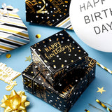 Reversible Black Birthday Wrapping Paper Roll For Boys Men, Happy Birthday Lettering & Stripe Pattern With Metallic Gold Foil In Black, Mini Roll, 17 Inches X 32.8 Feet (46.45 Sq.Ft.)