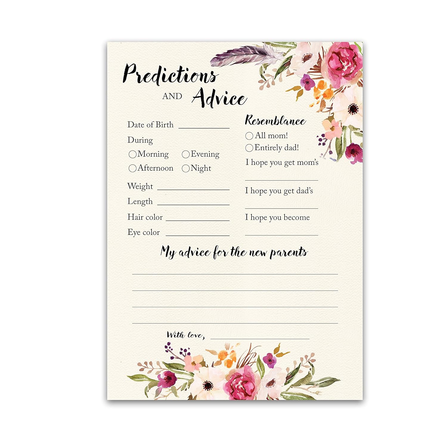 Boho Prediction And Advice Cards - Pack Of 25 - Bohemian Pink Girl Baby Shower Games, Floral Wishes For New Parents Mom & Dad To Be Mommy & Daddy Message, Coed Shower Activity Keepsake Book G400-Pdav