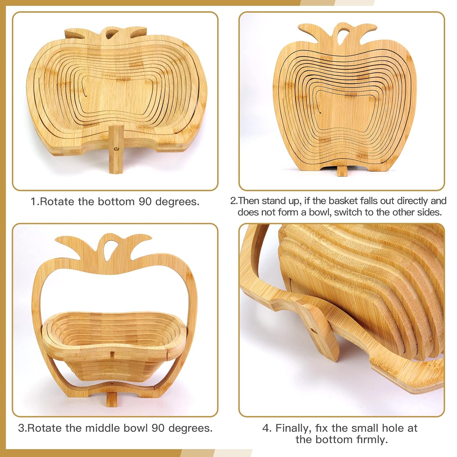 Foldable Fruit Basket Gift Bamboo Fruit And Veggie Basket,Fruit Bowl Holder Dried Fruit Basket For Christmas Decorations Holiday Party Mom Gifts (Apple)