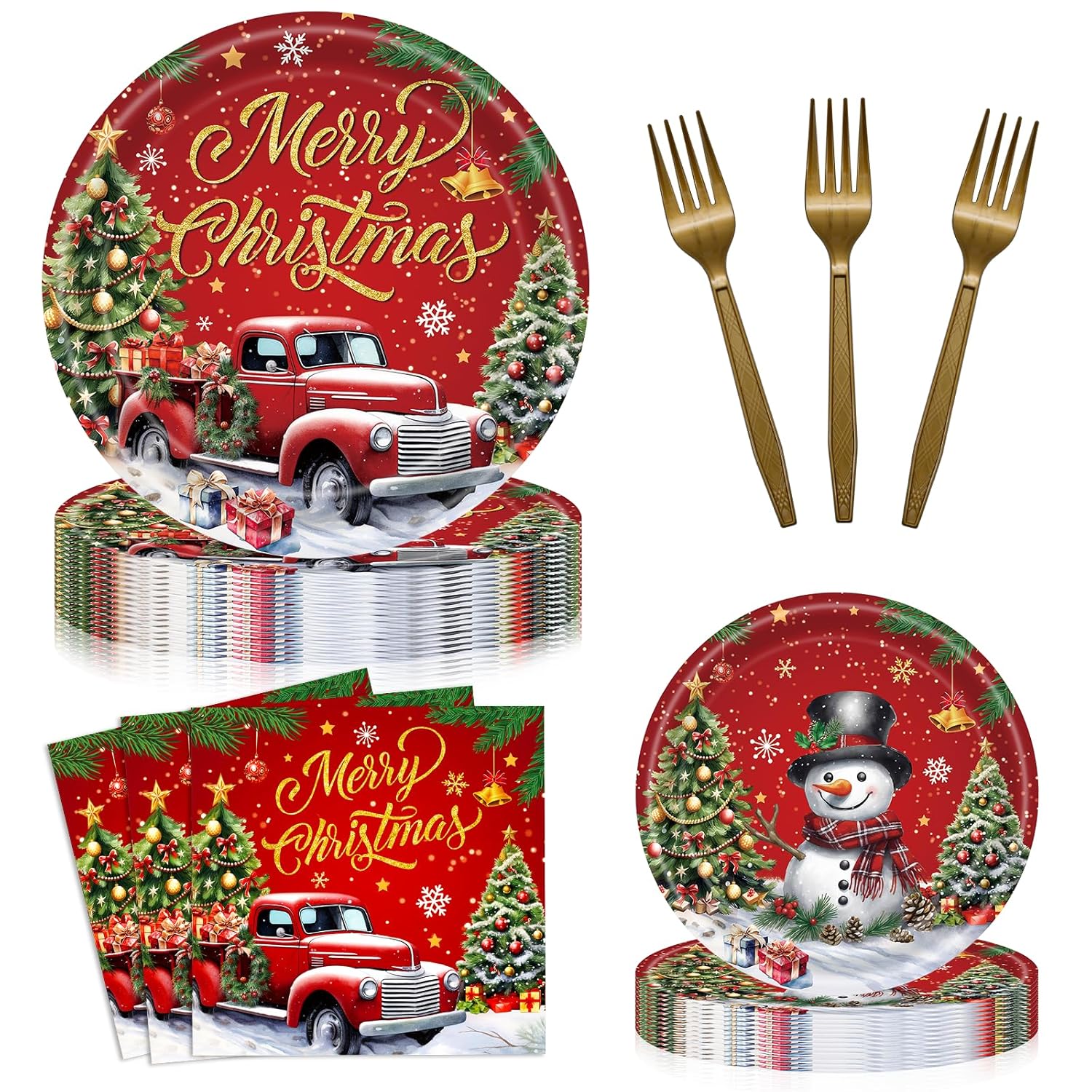 96 Pieces Merry Christmas Paper Plates And Napkins Tableware Set, Snowman Truck Christmas Tree Disposable Dinnerware With Paper Plates Napkins Forks For Xmas Winter Holiday Party Supplies - Serves 24
