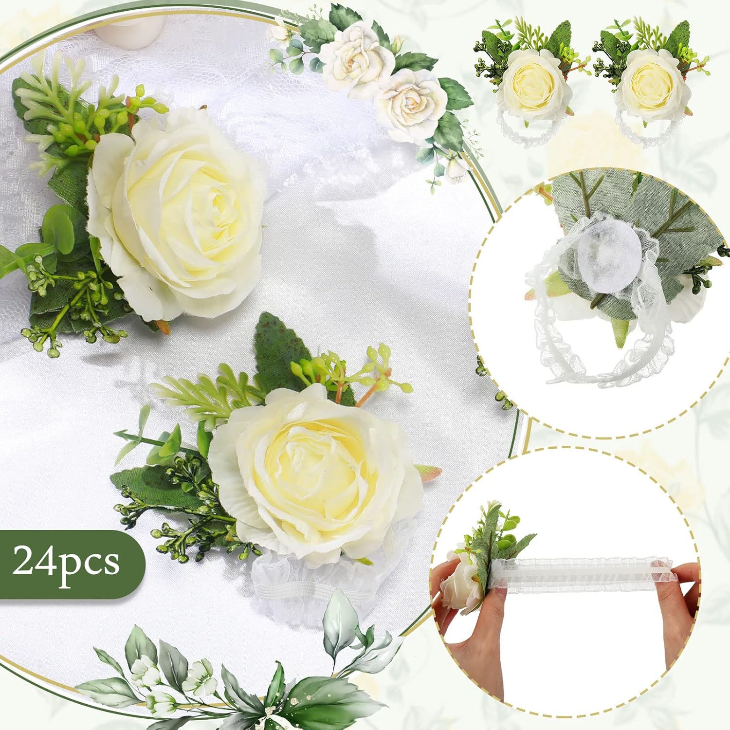 Wedding Rose Wrist Corsage Wristlet Band For Bridal Bridesmaid Women Flowers Bracelets Decor Wedding Artificial Flowers For Party Prom Homecoming(White,48 Pcs)