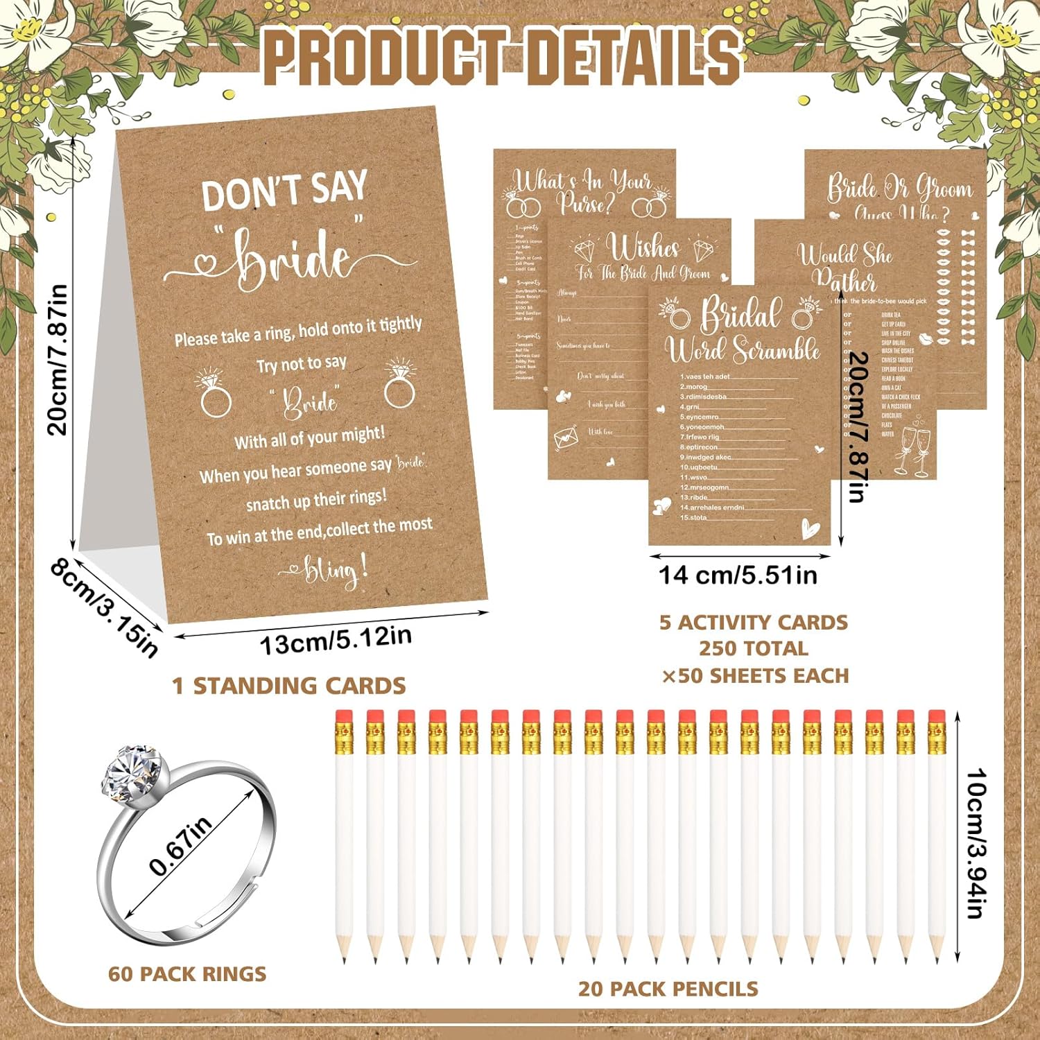 331 Pcs Bridal Shower Games Supplies, 5 Sets 250 Pcs Wedding Cards 1 Put A Ring On It Bridal Shower Games With 60 Rings And 20 Pencils(Rustic Kraft)