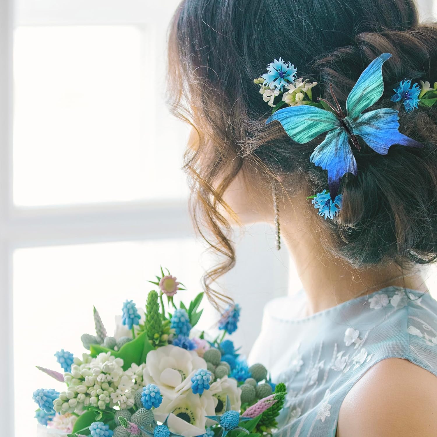 12 Pcs Artificial Fabric Butterflies, 2 Sizes Reusable Butterly Crafts Decor, Diy 3D Butterfly Decorations For Fake Flowers Floral Nursery Wedding Tea Party Birthday Easter Spring. (Blue Large)