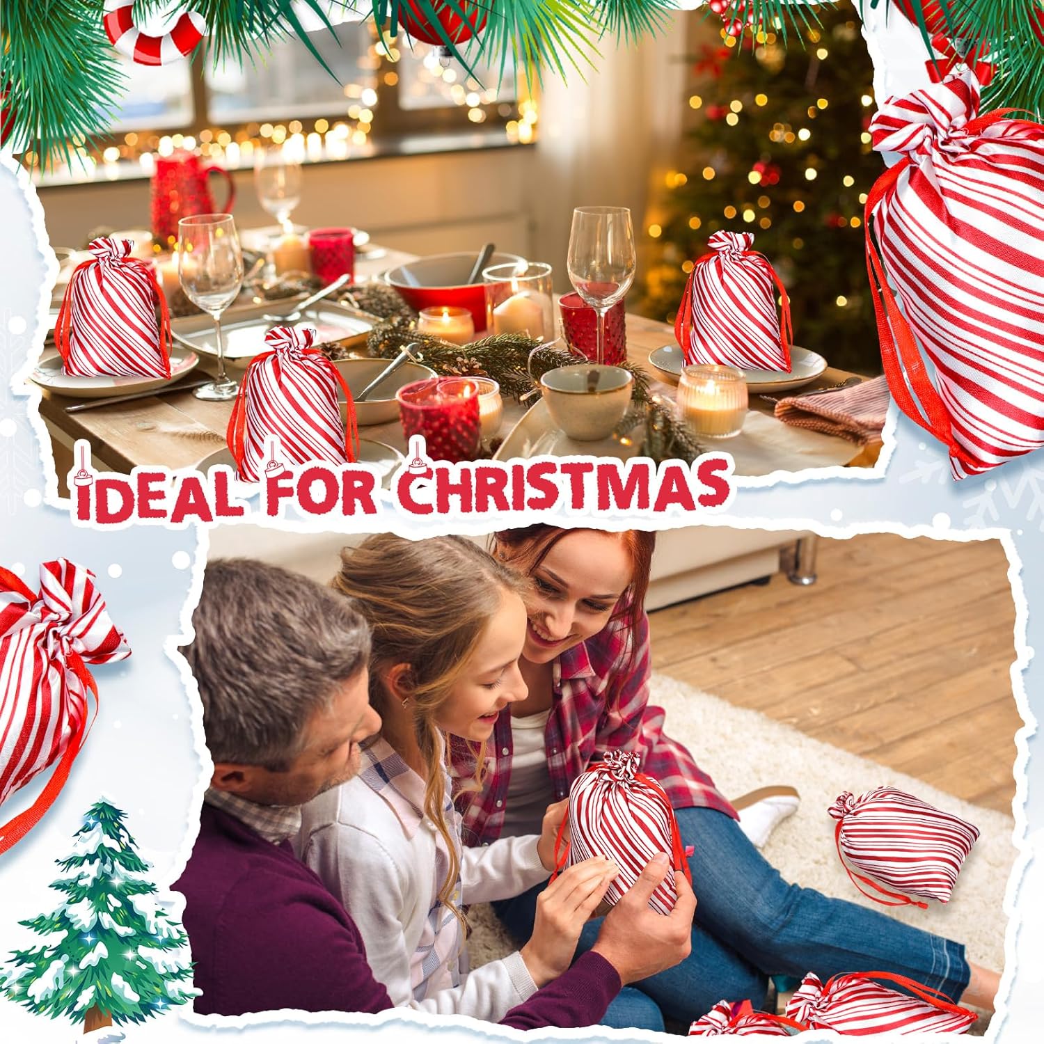 100 Pcs Christmas Satin Gift Bags With Drawstring Candy Cane Bags Christmas Mini Glitter Stripes Treat Bag Reusable Gift Wrapping Sack For Xmas Holiday Party Favor(4 X 6 Inch,White And Red)