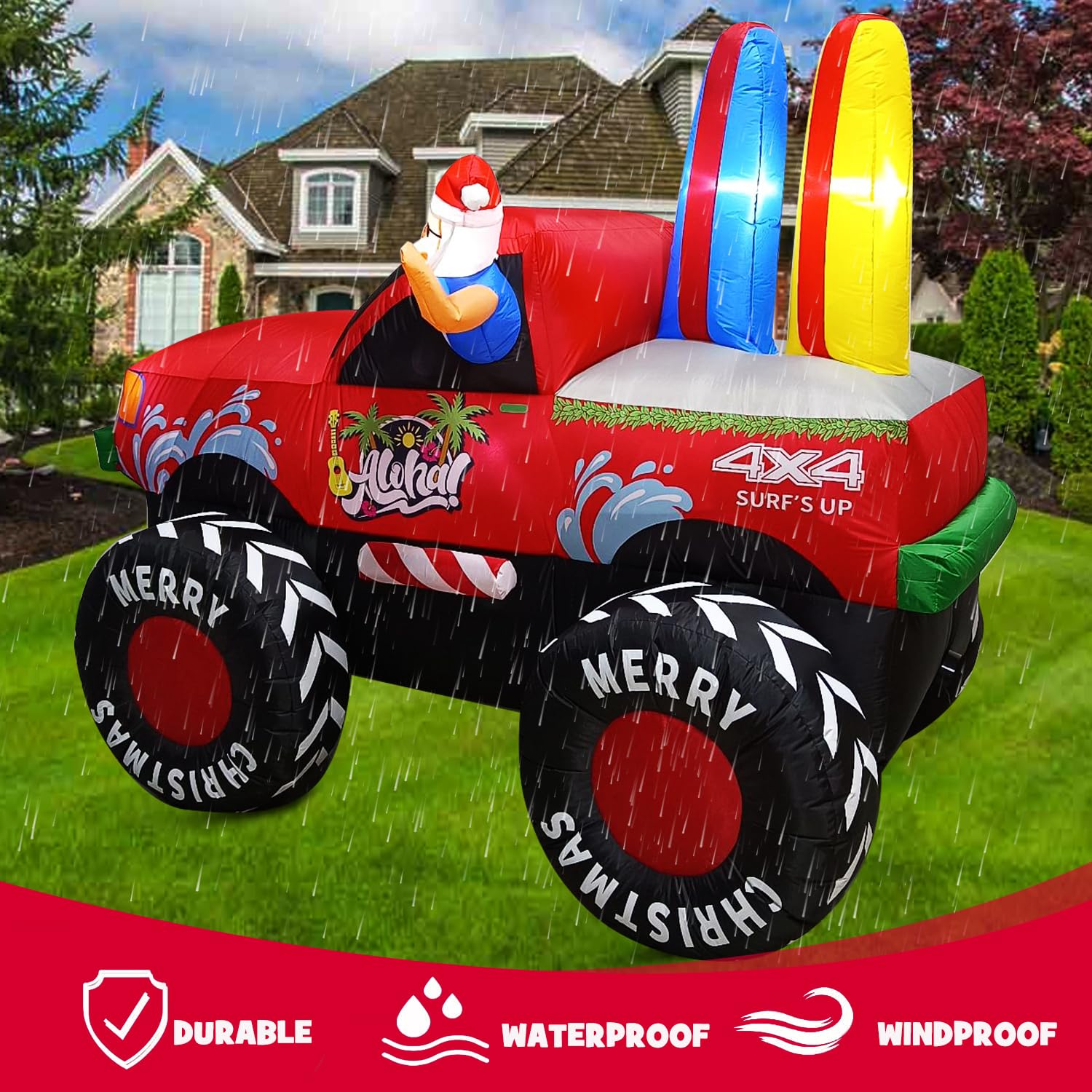 7Ft Long Inflatables Monster Truck Christmas Outdoor Decorations, Xmas Blow Up Santa Driving Monster Truck, Inflatable O