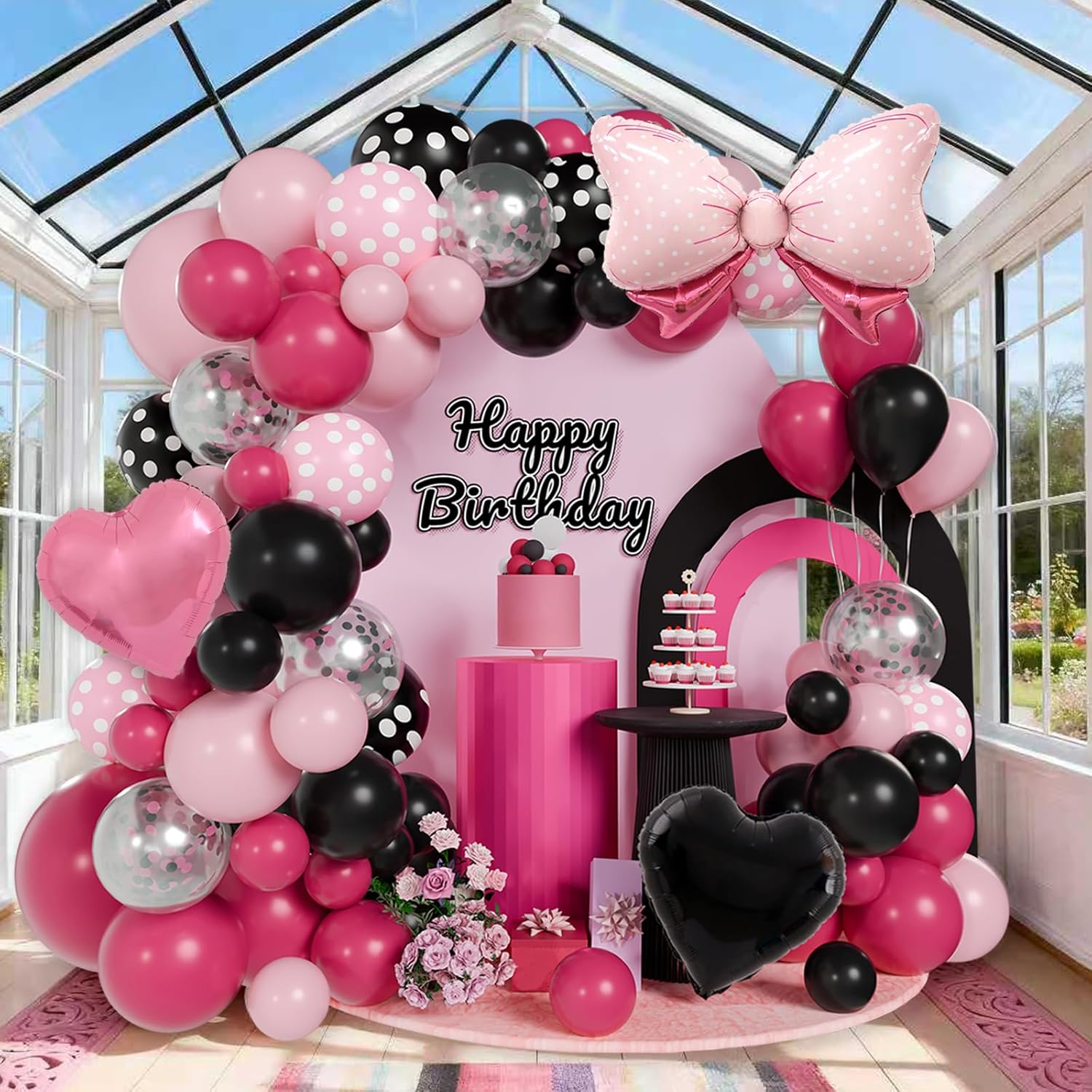 Pink And Black Balloon Arch Kit Black Pink Polka Dot Balloons Valentines Balloons With Bow & Heart Balloons For Bow Birthday Galentines Decorations Bachelorette Princess Party Baby Shower