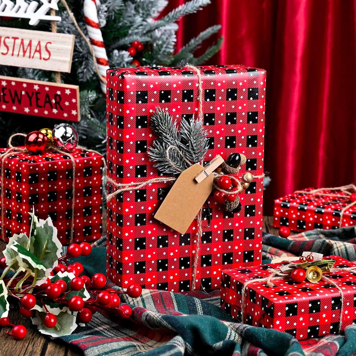 Wrapping Paper Roll 17In* 32.8 Feet Red And Black Plaid With White Star For Christmas,Birthday,Party,Holiday,Vintage Wrapping Paper For All Occassions (Ttl:46.8Sqft)