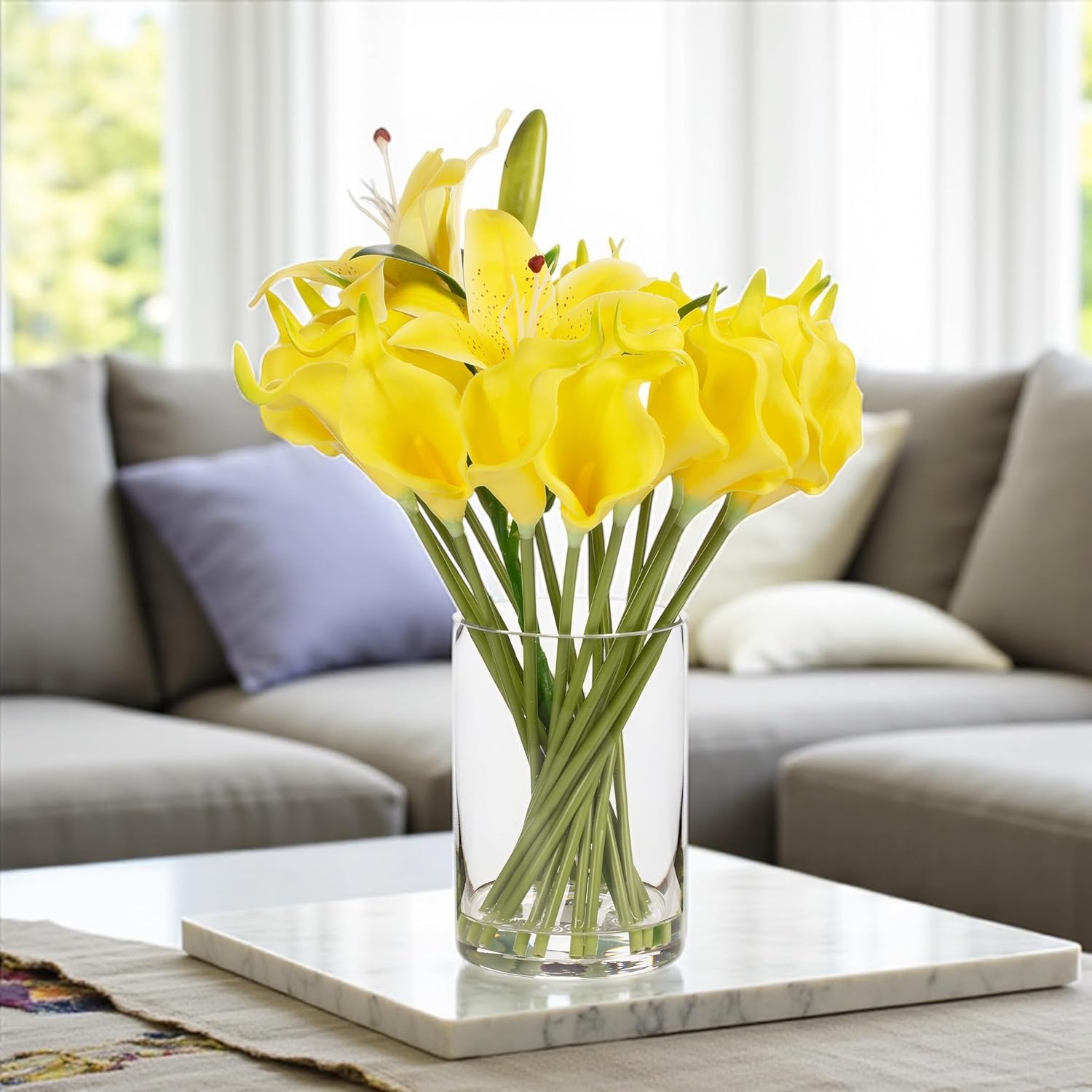 Real Touch Lilies Artificial Flowers With Vase, Faux Flowers Arrangement In Vase With Faux Water For Dining Table Decor, Wedding Centerpieces (Yellow)