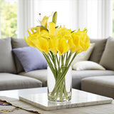 Real Touch Lilies Artificial Flowers With Vase, Faux Flowers Arrangement In Vase With Faux Water For Dining Table Decor, Wedding Centerpieces (Yellow)