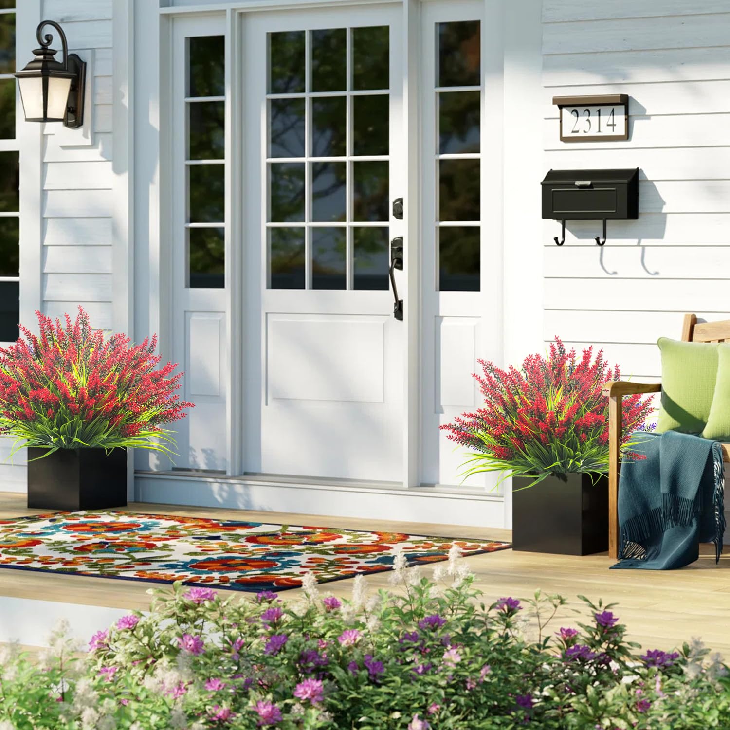 20 Bundles Artificial Plants Outdoor Fake Monkey Grass With Flowers (Red)