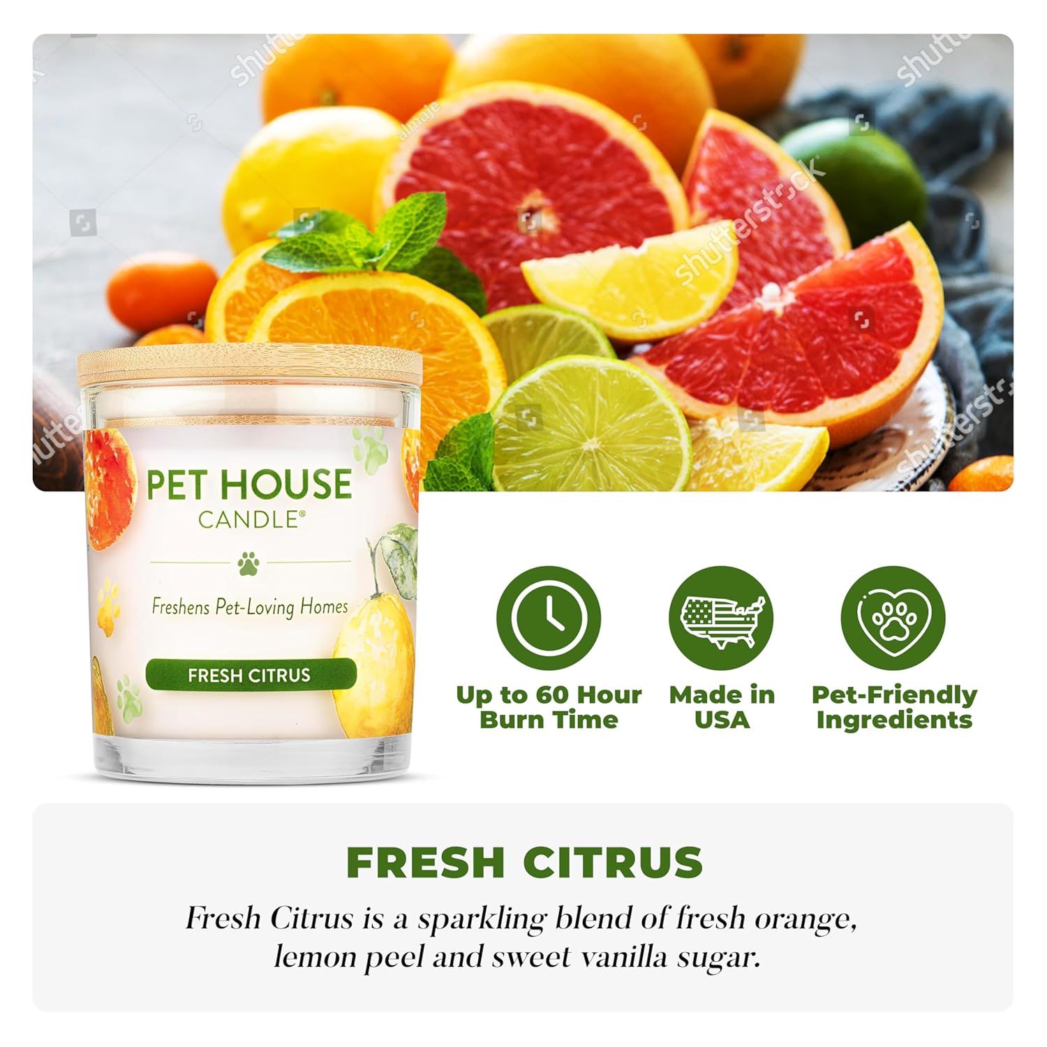Pet House Candle Plant-Based/Soy - Clean Burning Scented, Long Lasting Pet Odor Candle For Home - Fresh Citrus